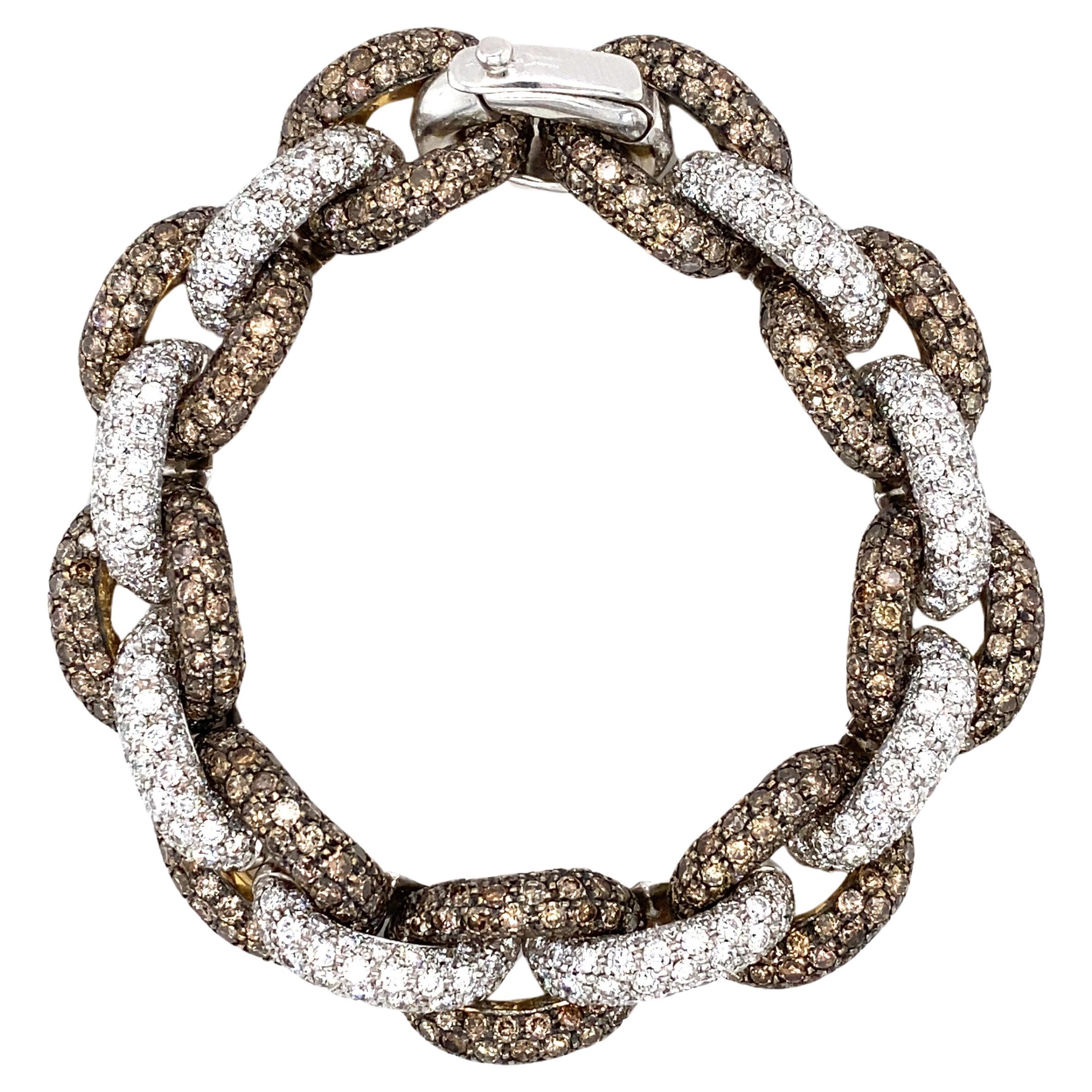 10.0 CTW White and Fancy Brown Diamond Chain Bracelet in 14 Karat Gold For Sale