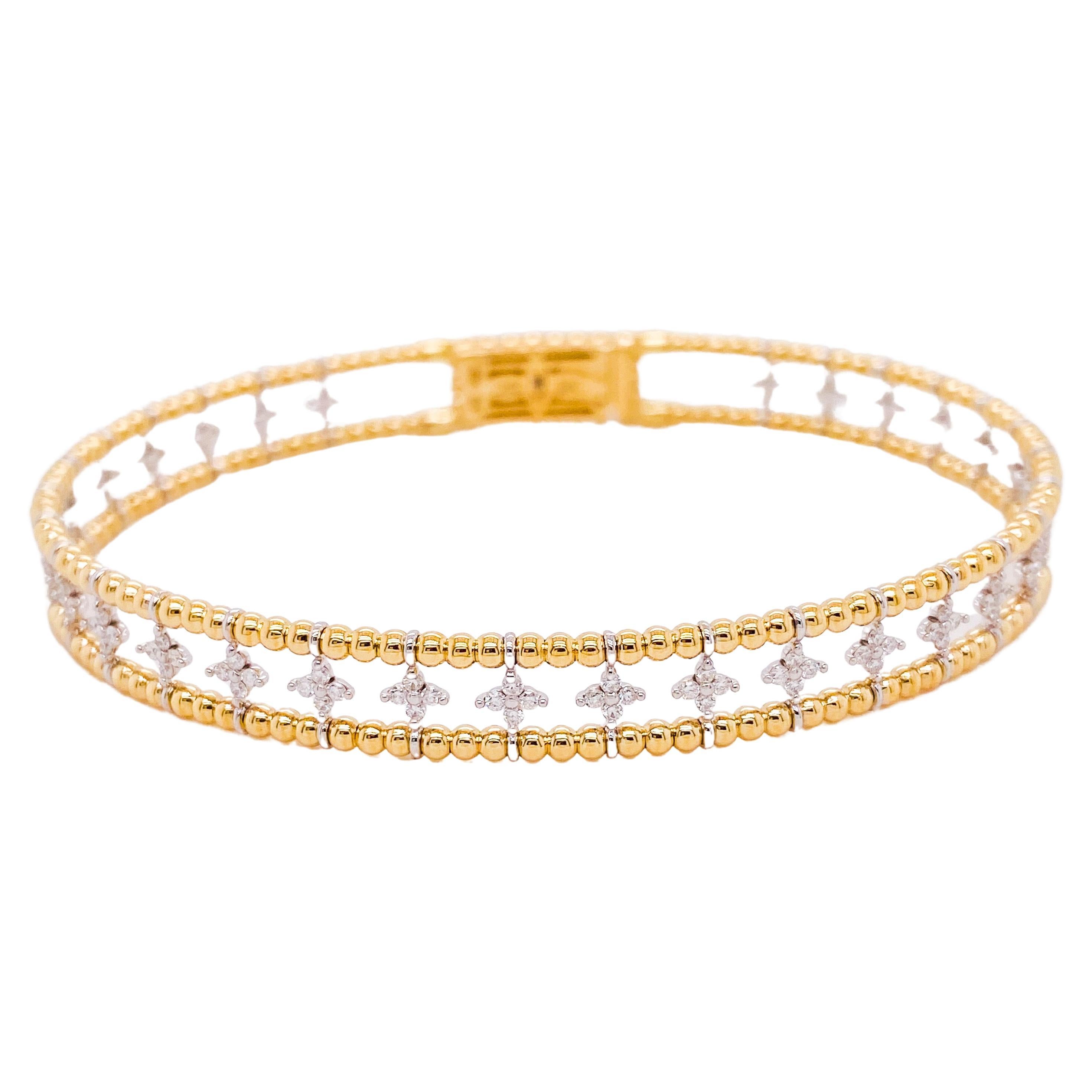 100 Diamond Clover Station Gold Bracelet in 14K Yellow Gold Flexible Bangle