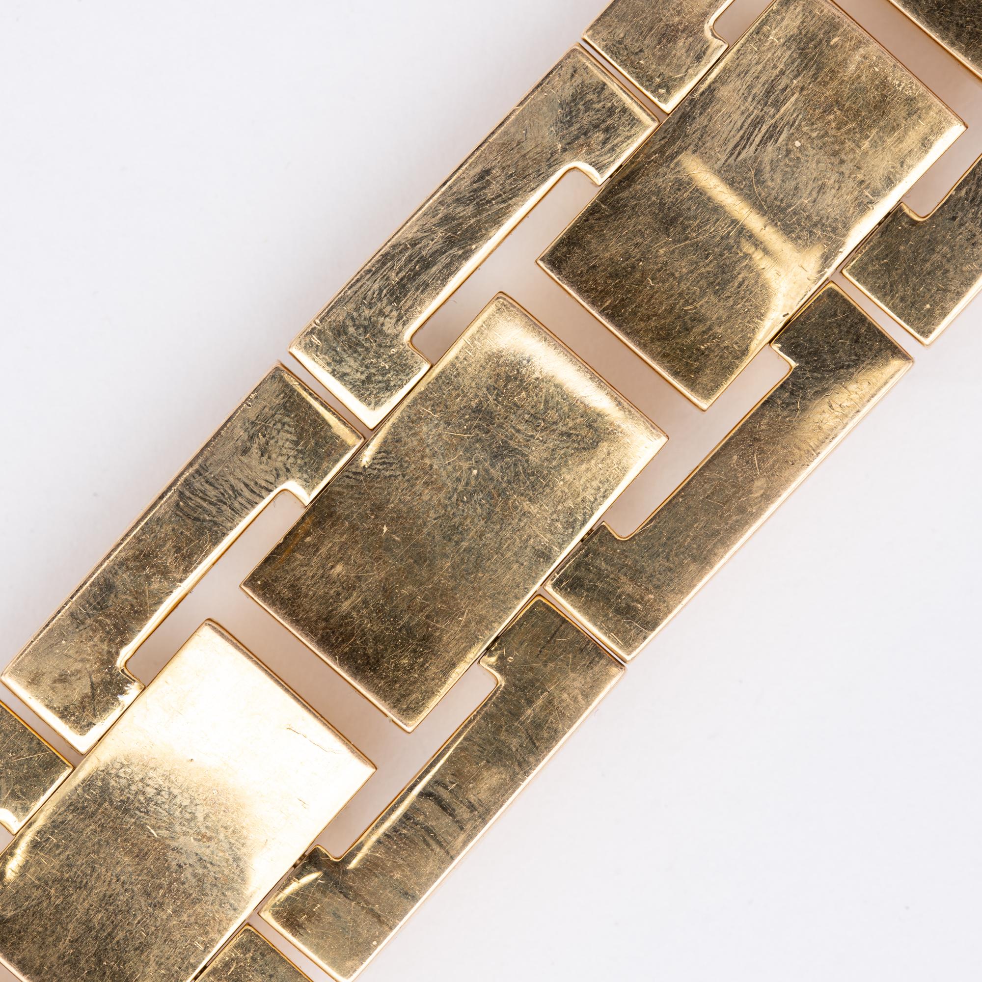 100 grams 18K yellow gold bracelet - large French squared retro Tank bracelet In Good Condition For Sale In Antwerp, BE