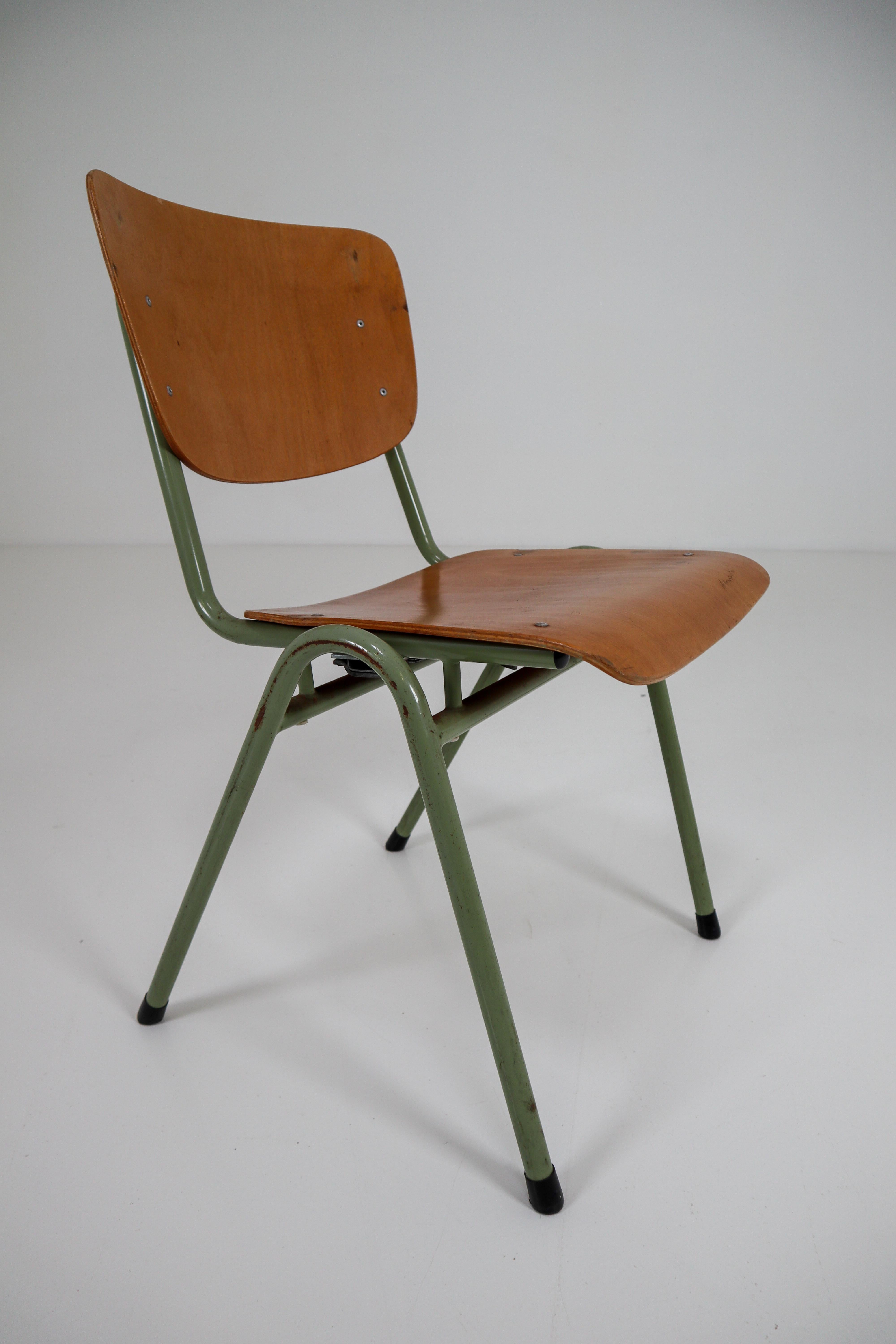 100 Green Patinated Dutch Design Industrial Plywood Chairs, 1960s 1