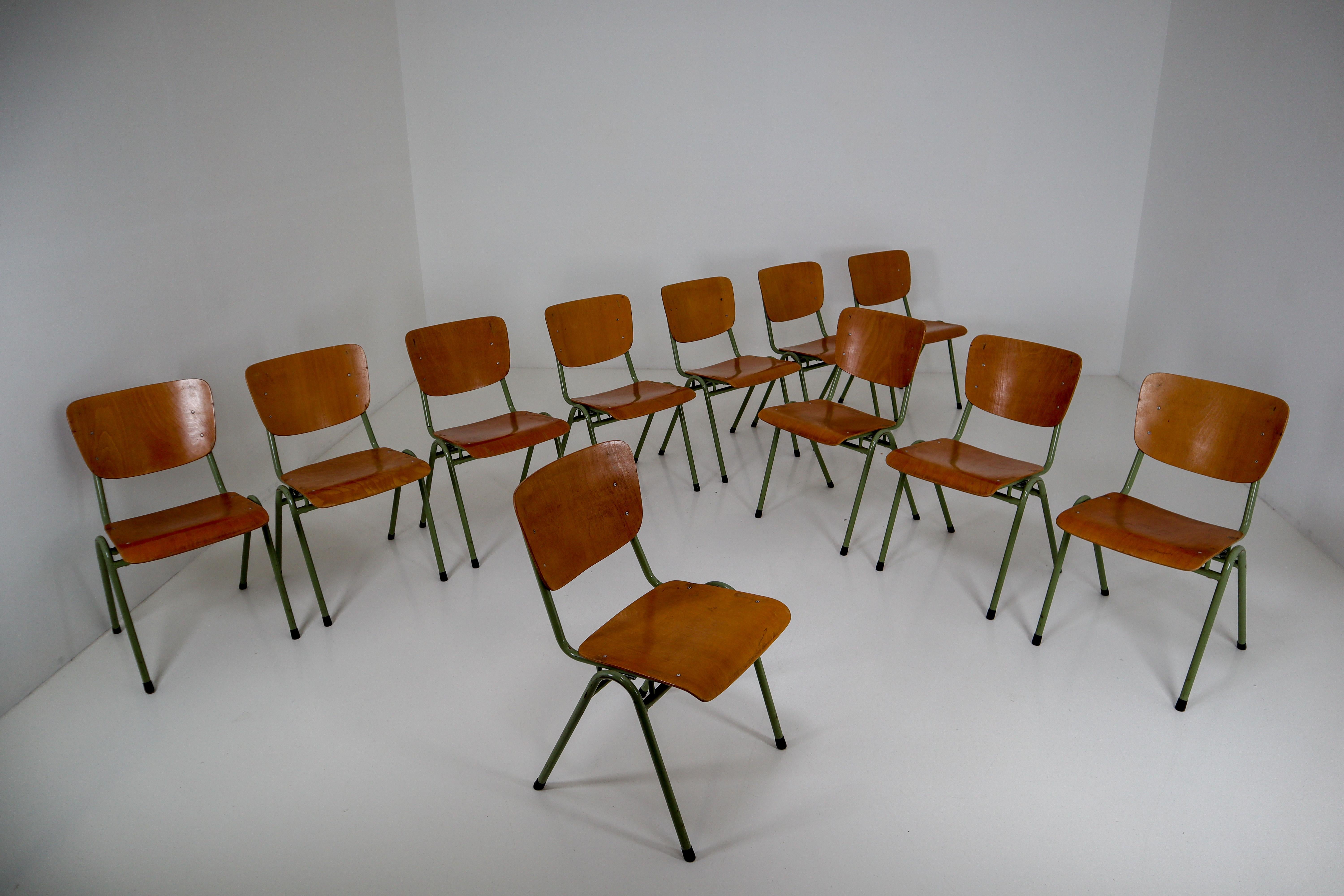 100 Green Patinated Dutch Design Industrial Plywood Chairs, 1960s 4