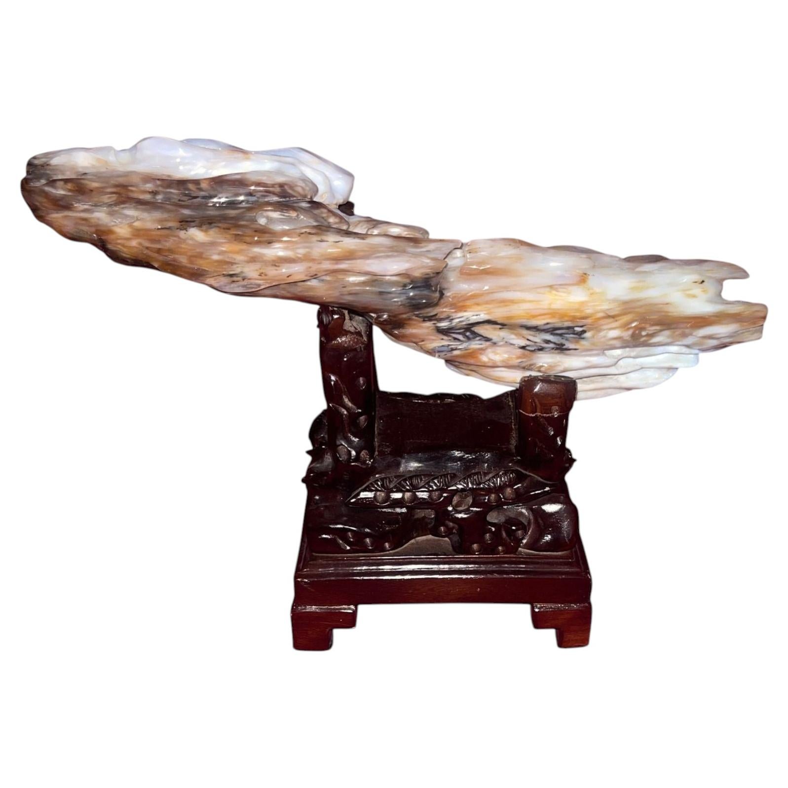 100 Million Year Old Burmese Petrified Wood Sculpture on Carved Stand For Sale
