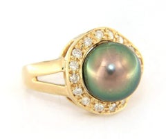 Cultured Tahitian Pearl and Diamond Halo Ring in 14K Yellow Gold