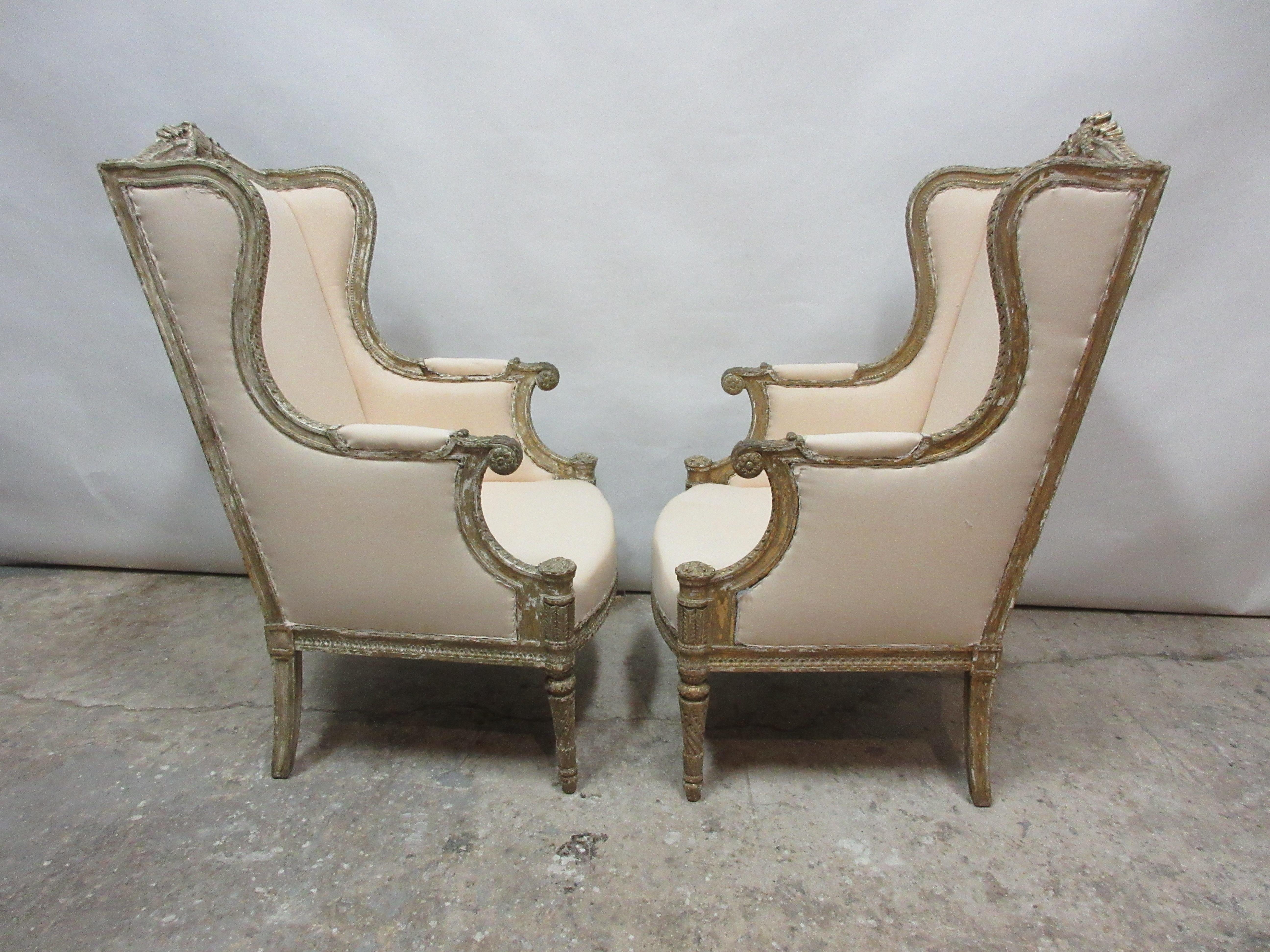 This is a set of 2 100% original finish Swedish Gustavian bergers. All new seating covered in Muslin.
