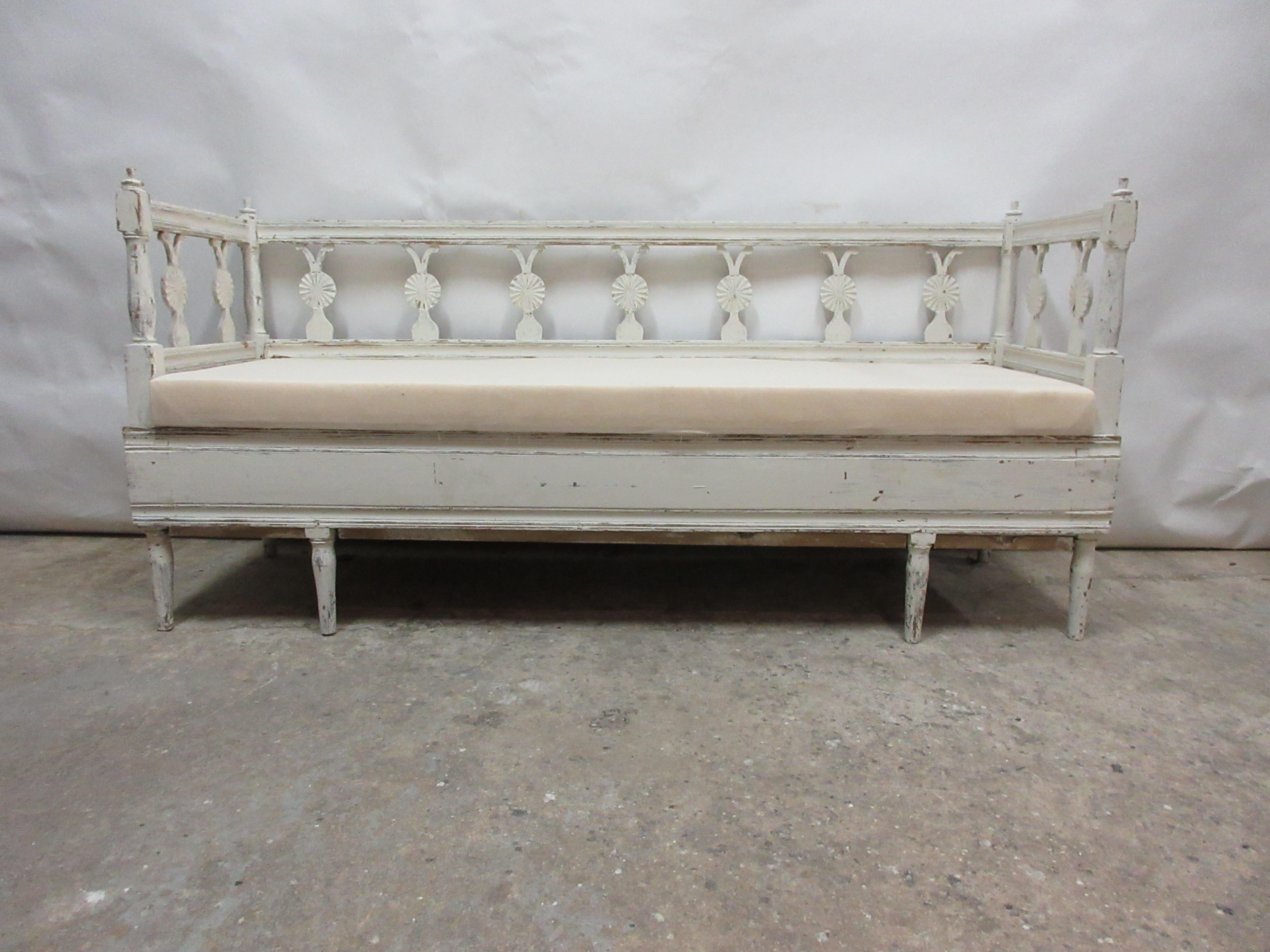 This is a 100% original Finish Swedish Gustavian sofa. Seating has been restored and covered in Muslin.