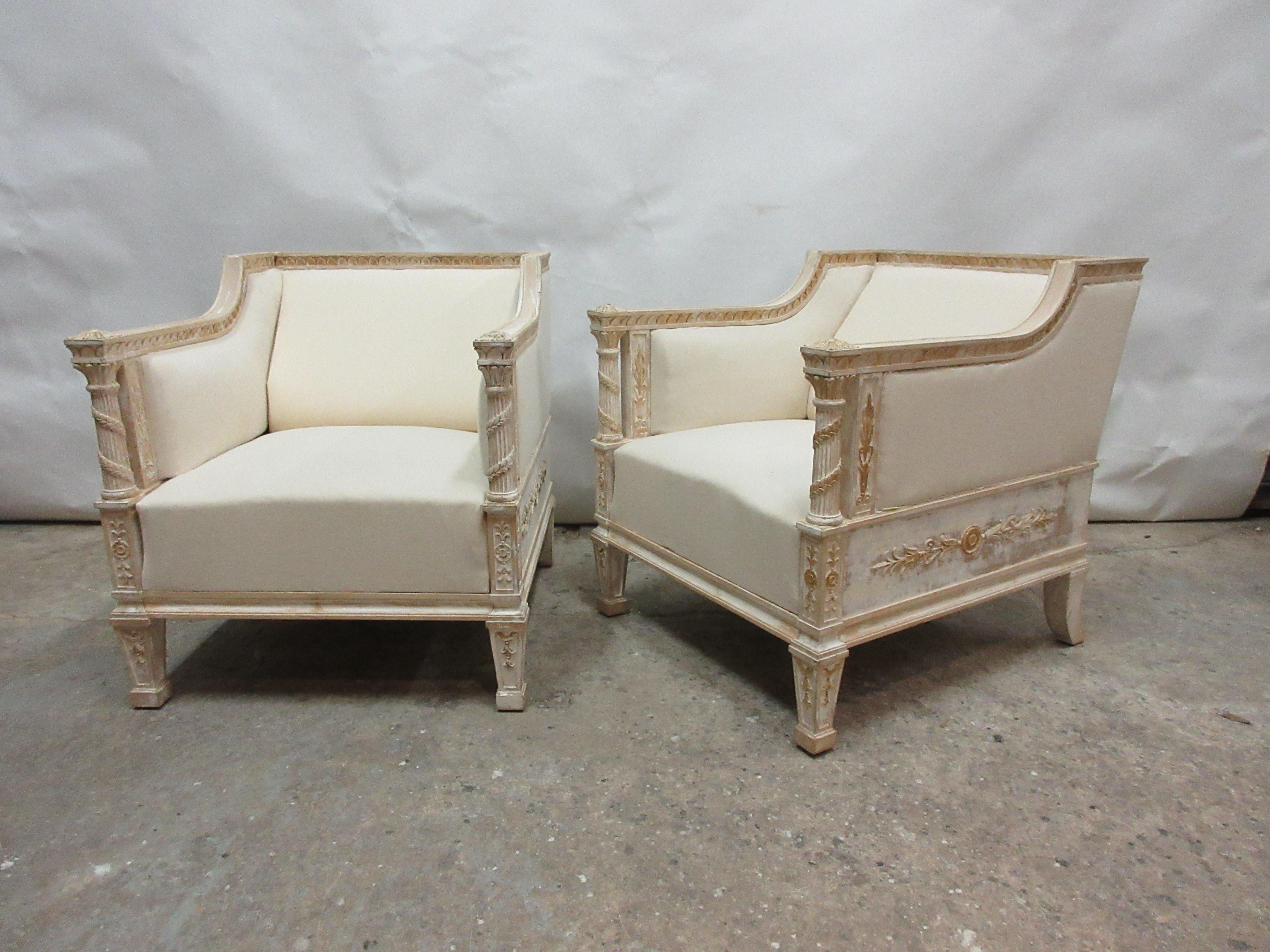 This is a set of 2 100% original Painted Gustavian bergère chairs. Seating restored and recovered in Muslin.