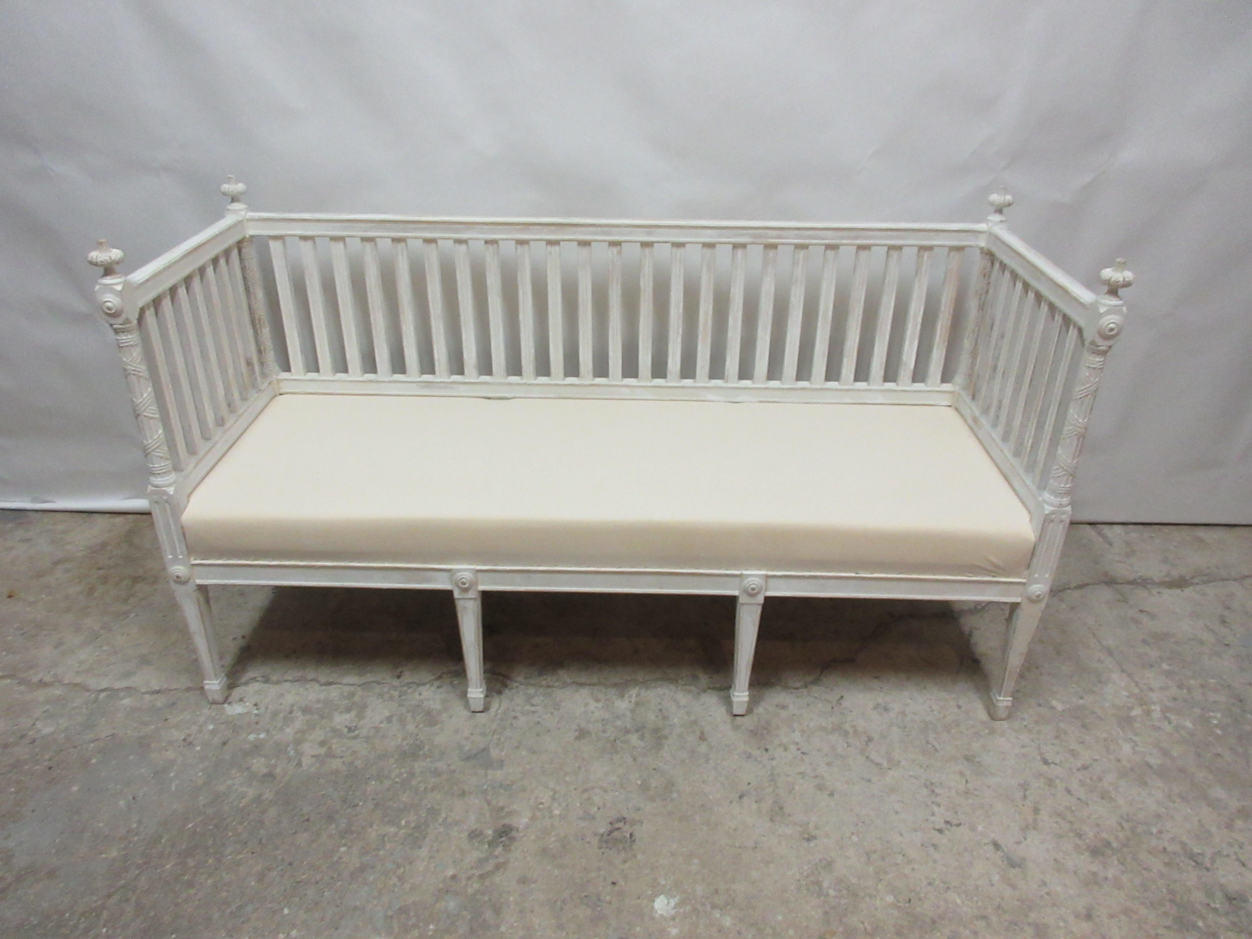 This is a 100% original painted Swedish Gustavian sofa. the seating has been restored and covered in Muslin.