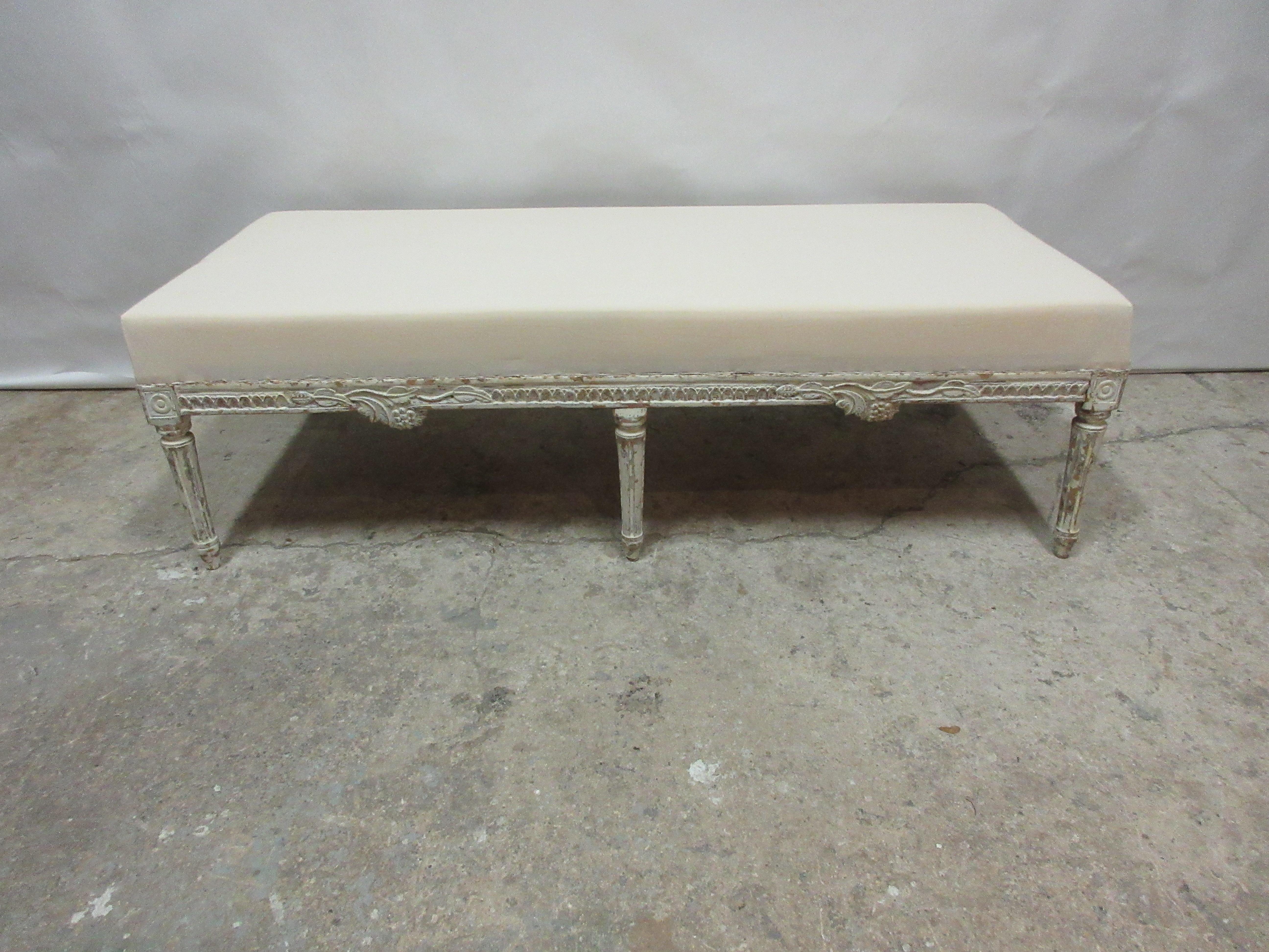 This is a 100% original Swedish Gustavian bench. the seating has been restored and covered in Muslin.