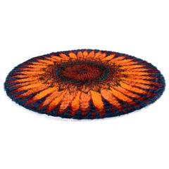 Round Scandinavian Rya Rug Vintage 1970s Sunflower Red Blue Orange