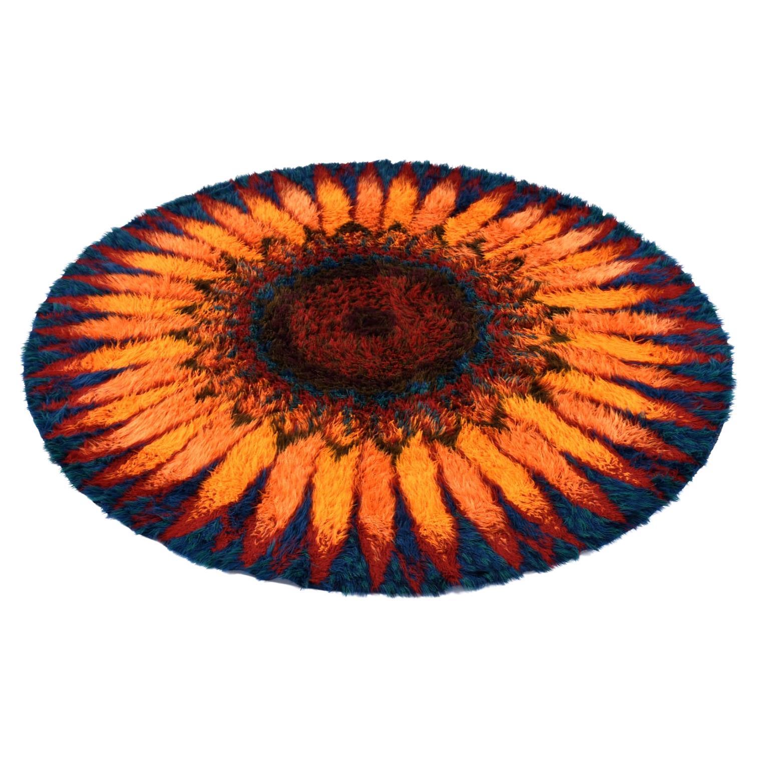 Round Scandinavian Rya Rug Vintage 1970s Sunflower Red Blue Orange