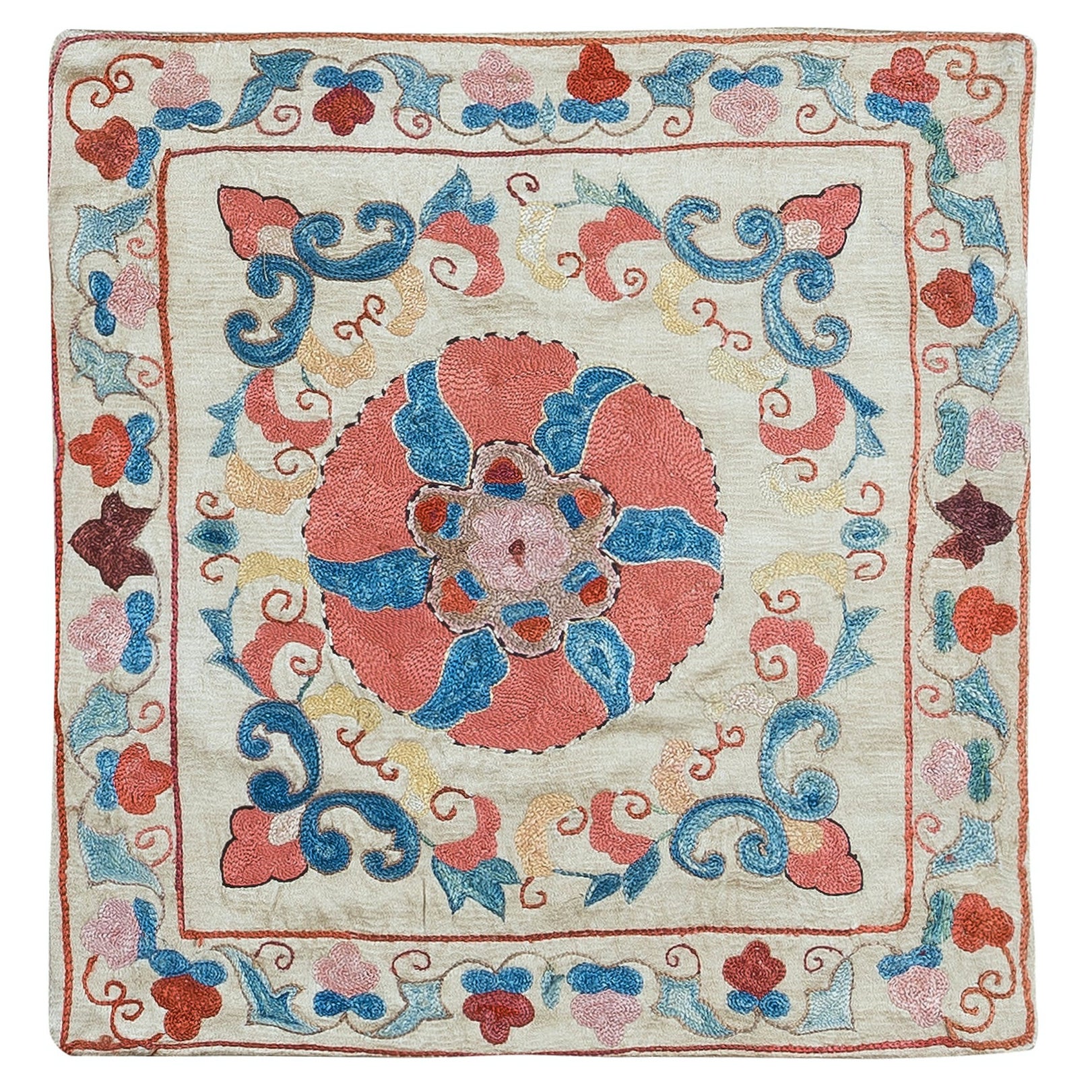 100% Silk Embroidered Suzani Textile Cushion Cover in Pink, Blue, Yellow