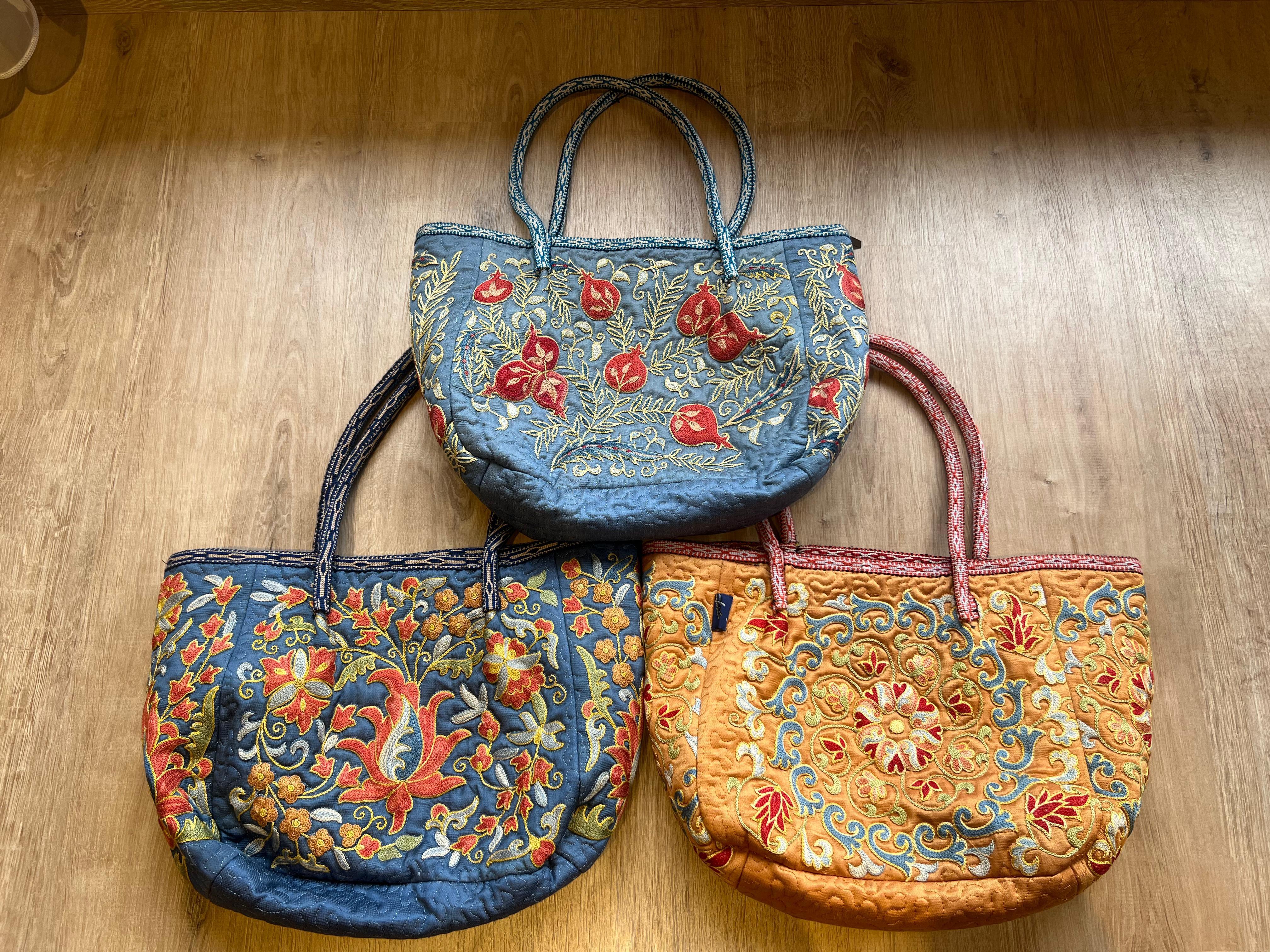 100% Silk Luxury Hand Embroidered Suzani Handbag. Hobo Bag, Tote Bag, Bucket Bag For Sale 9