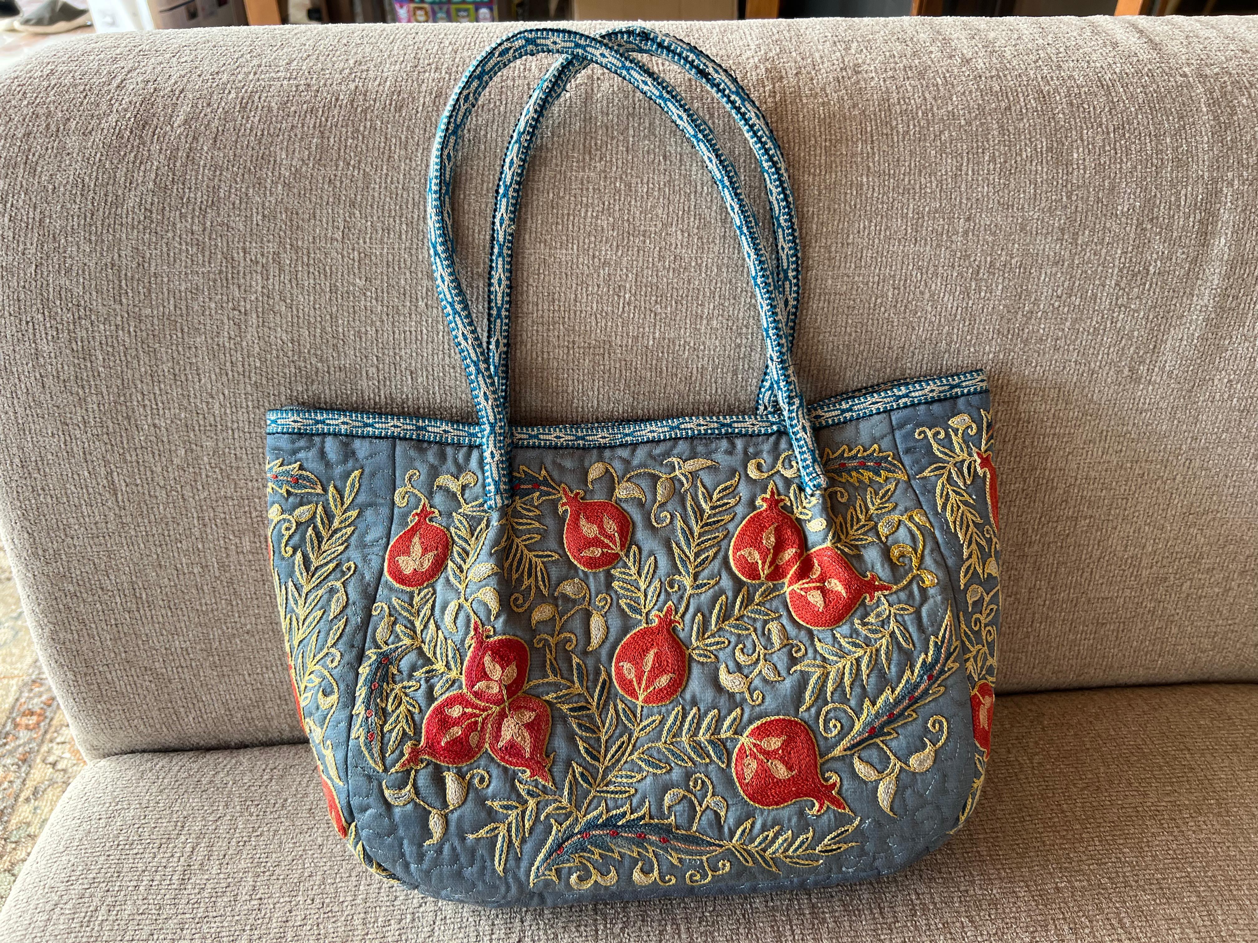 Central Asian 100% Silk Luxury Hand Embroidered Suzani Handbag. Hobo Bag, Tote Bag, Bucket Bag For Sale