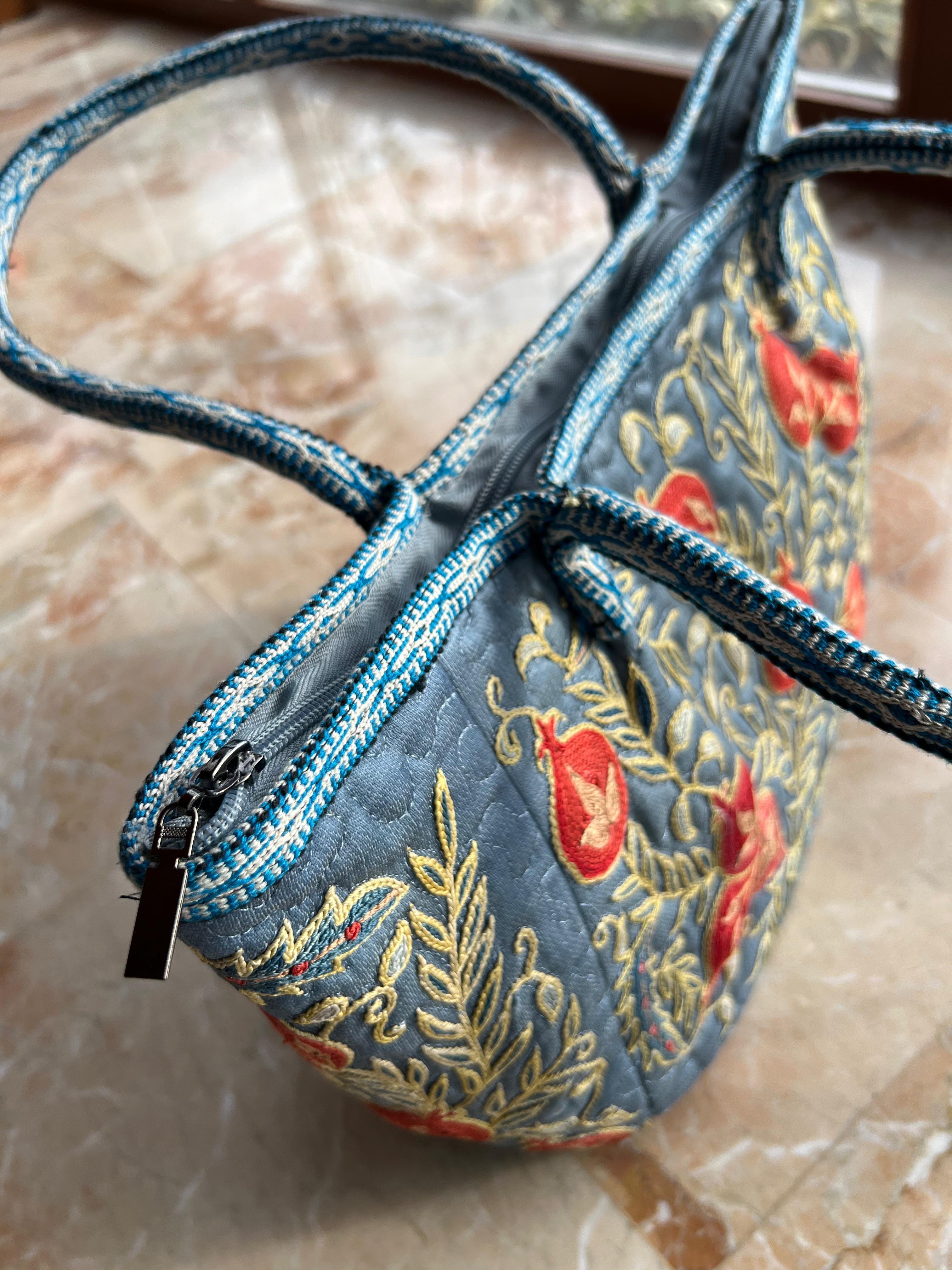 Contemporary 100% Silk Luxury Hand Embroidered Suzani Handbag. Hobo Bag, Tote Bag, Bucket Bag For Sale