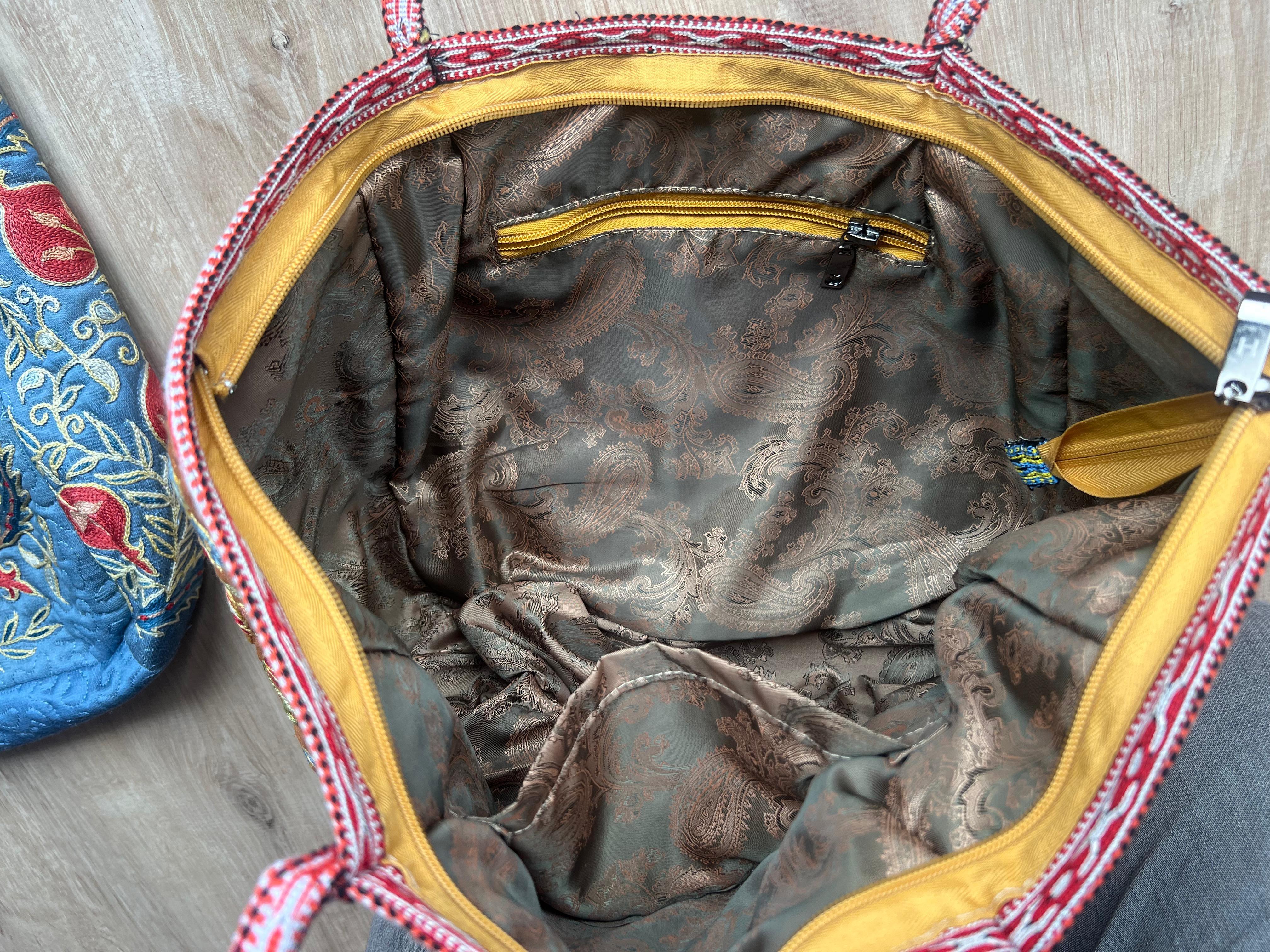 Contemporary 100% Silk Luxury Embroidered Suzani Handbag. Hobo Tote Bucket Bag. Tote Bag For Sale