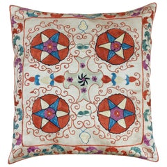 100% Silk Suzani Cushion Cover, Decorative Hand Embroidered Lace Pillow. 18"x19"