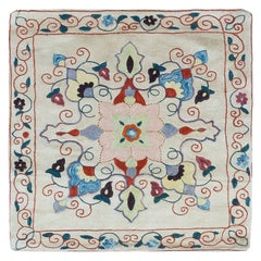 100% Silk Suzani Cushion Cover, Decorative Hand Embroidered Lace Pillow. 19"x19"