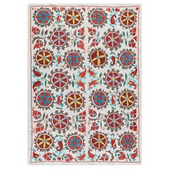 100% Silk Suzani Wall Hanging, New Floral Hand Embroidered Bed Cover. 3.2x4.5 ft