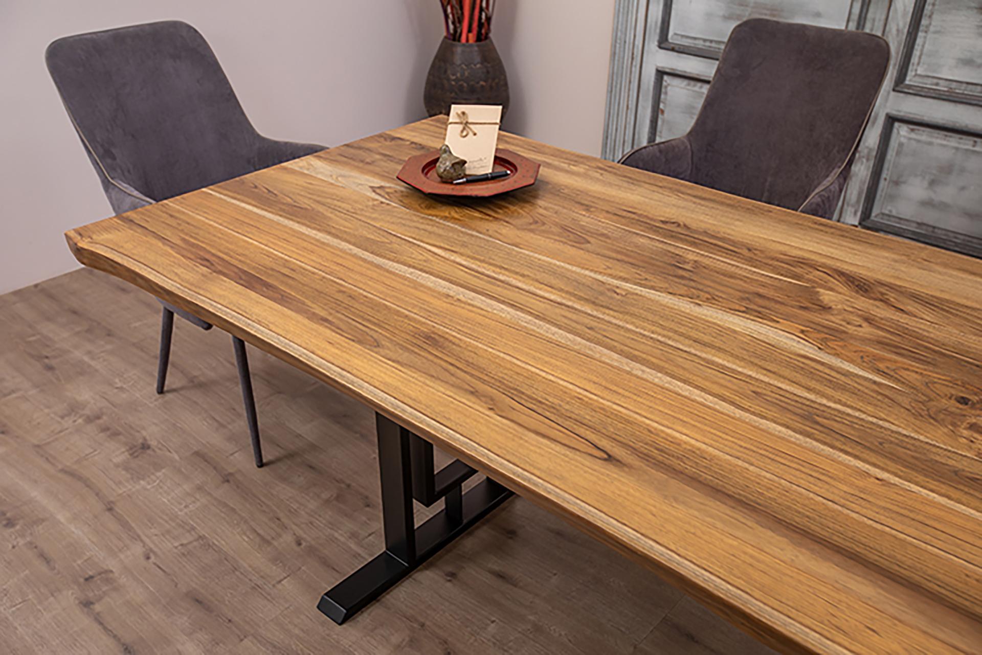 Hand-Crafted 100% Solid Teak Live Edge Dining Table in Autumn, Color Chip Sample Available For Sale