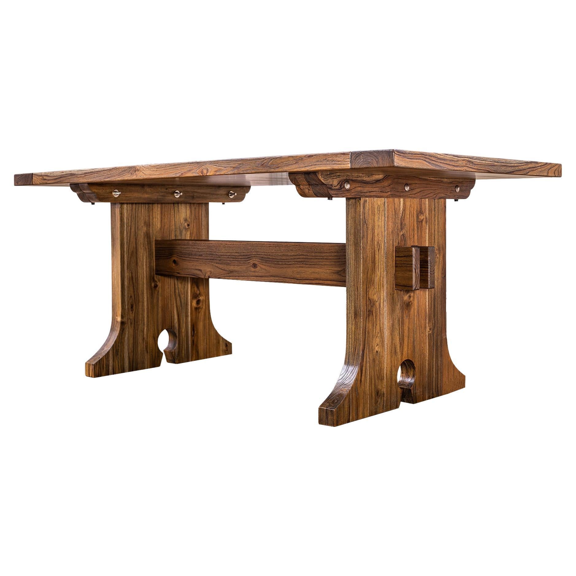 100% Solid 2" Teak Monastery Style Dining Table in Autumn For Sale
