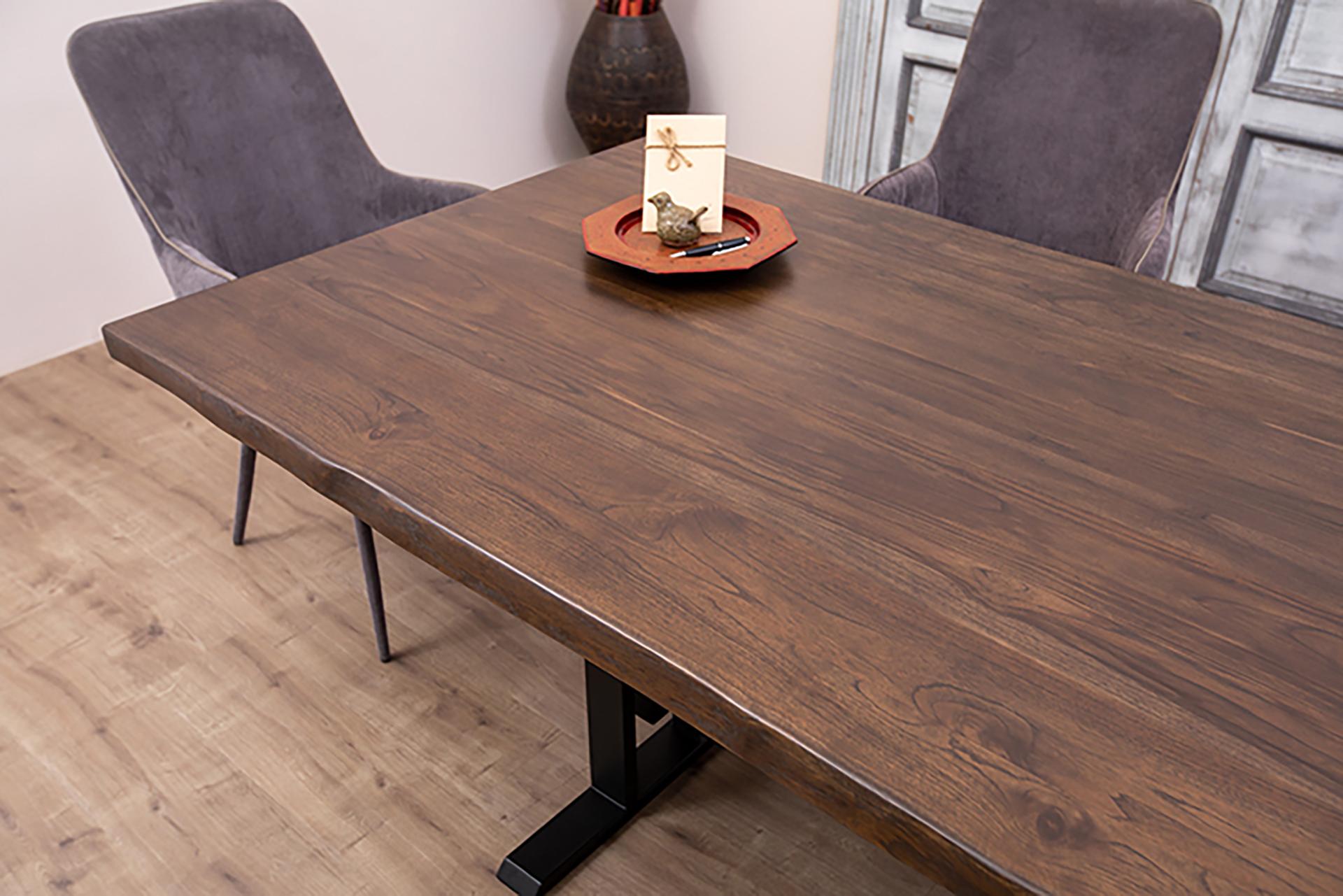 Contemporary 100% Solid Teak Live Edge Dining Table in a Smooth Cocoa Finish For Sale