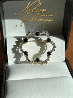 1.00 TCW Diamond and Dark Blue Sapphire 18k Yellow Gold Brooch/Pin
