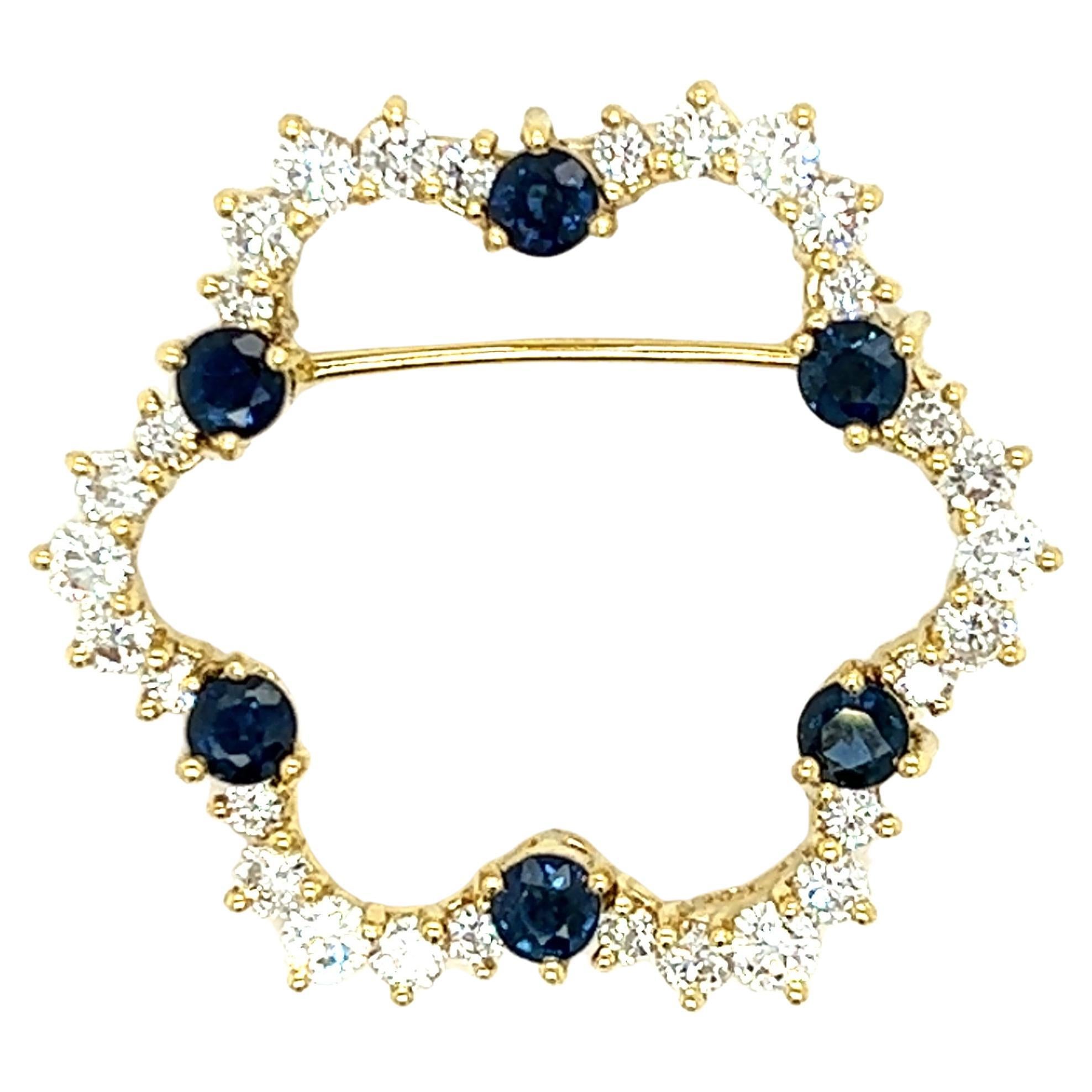 1.00 TCW Diamond and Dark Blue Sapphire 18k Yellow Gold Brooch/Pin