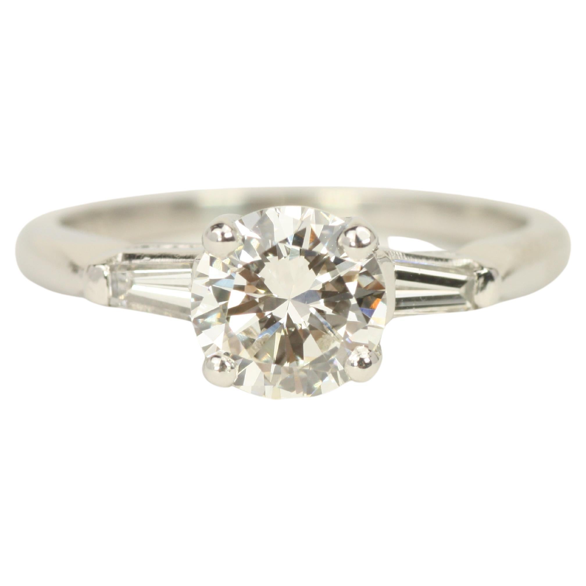 1.00 Total Carat Round & Tapered Baguette Diamond 3-Stone Plat Engagement Ring