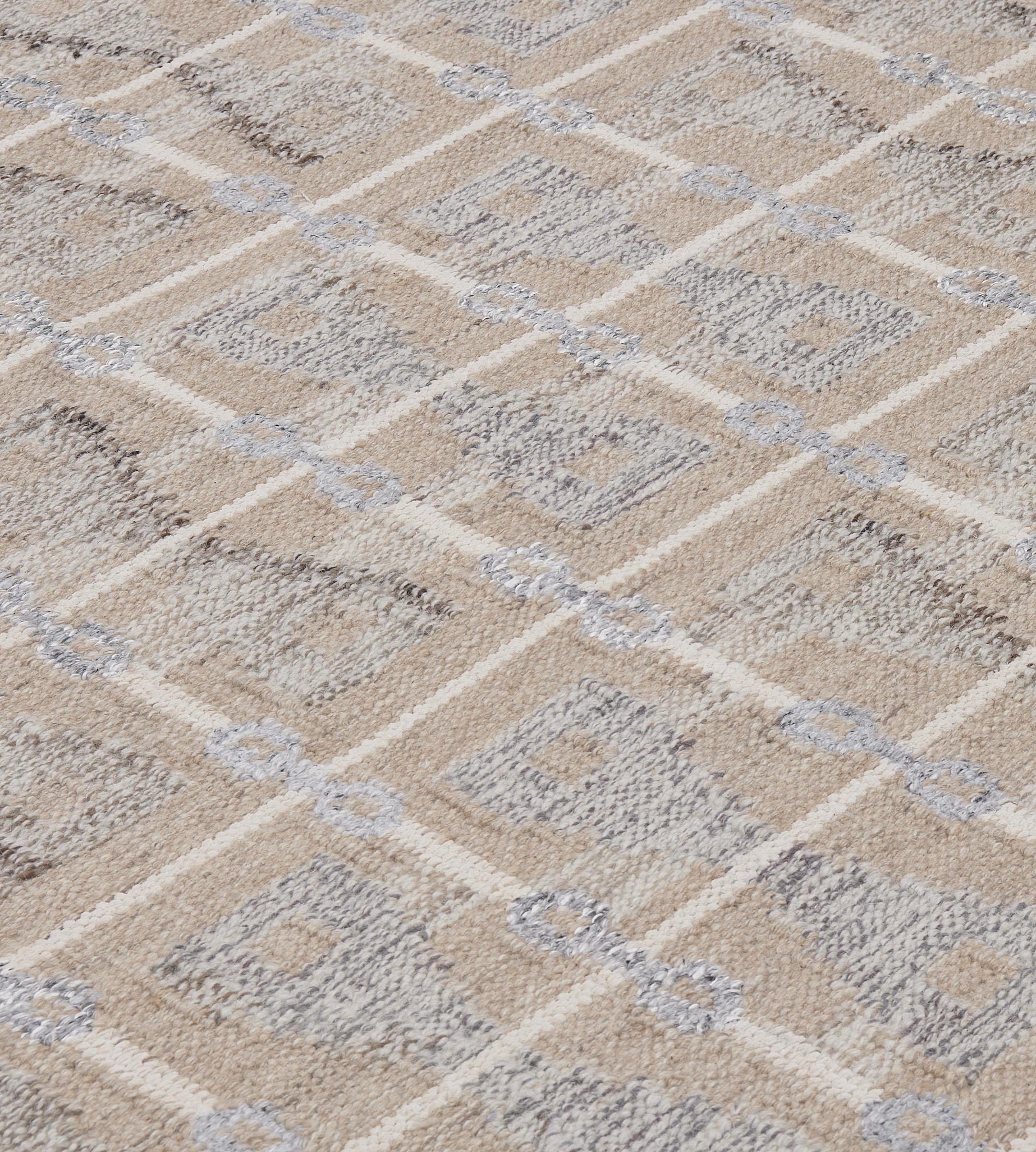 Hand-Knotted 100% Wool Geometric Hand-Woven Beige Swedish-Inspired Flatweave Rug 10'x14' For Sale