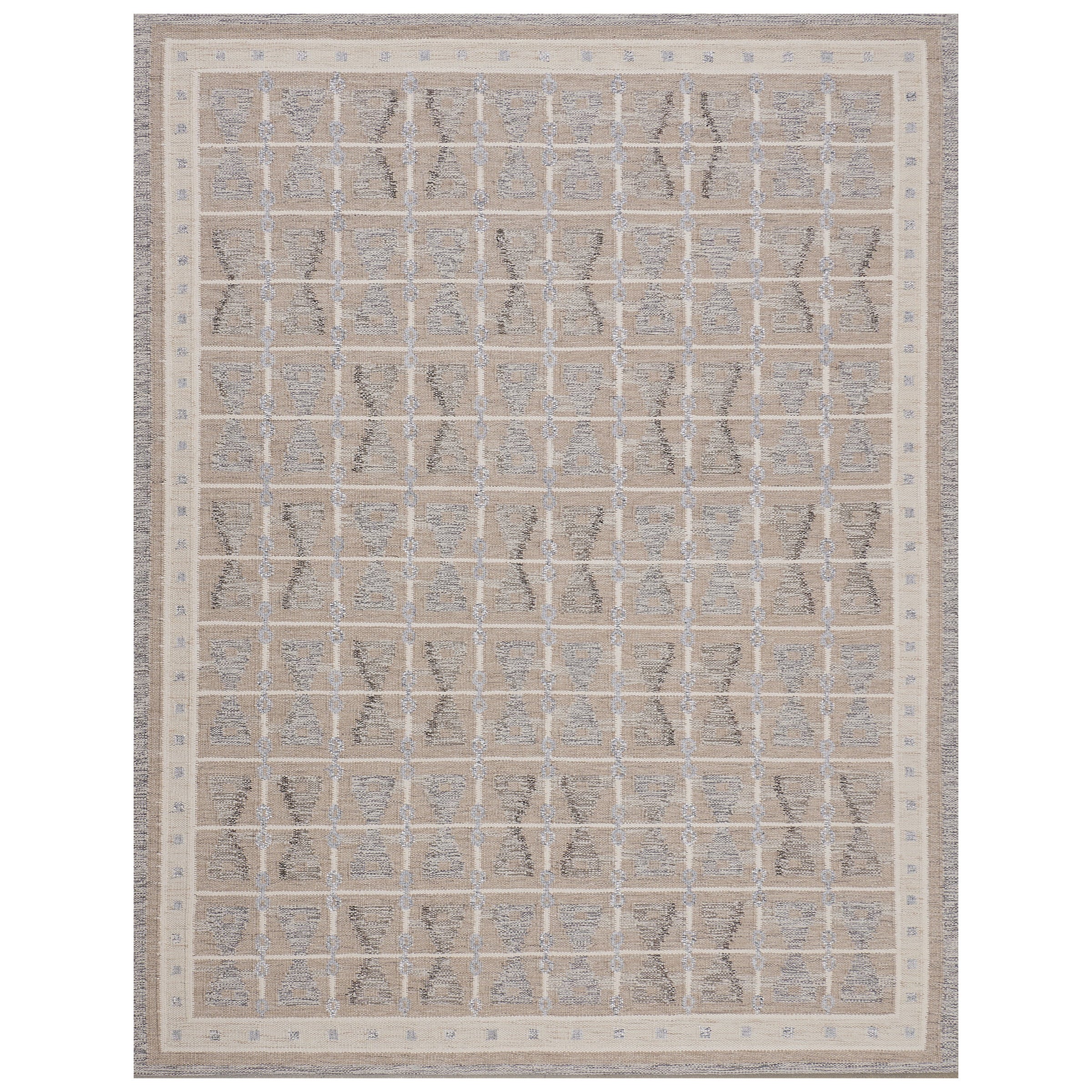 100% Wool Geometric Hand-Woven Beige Swedish-Inspired Flatweave Rug 10'x14'