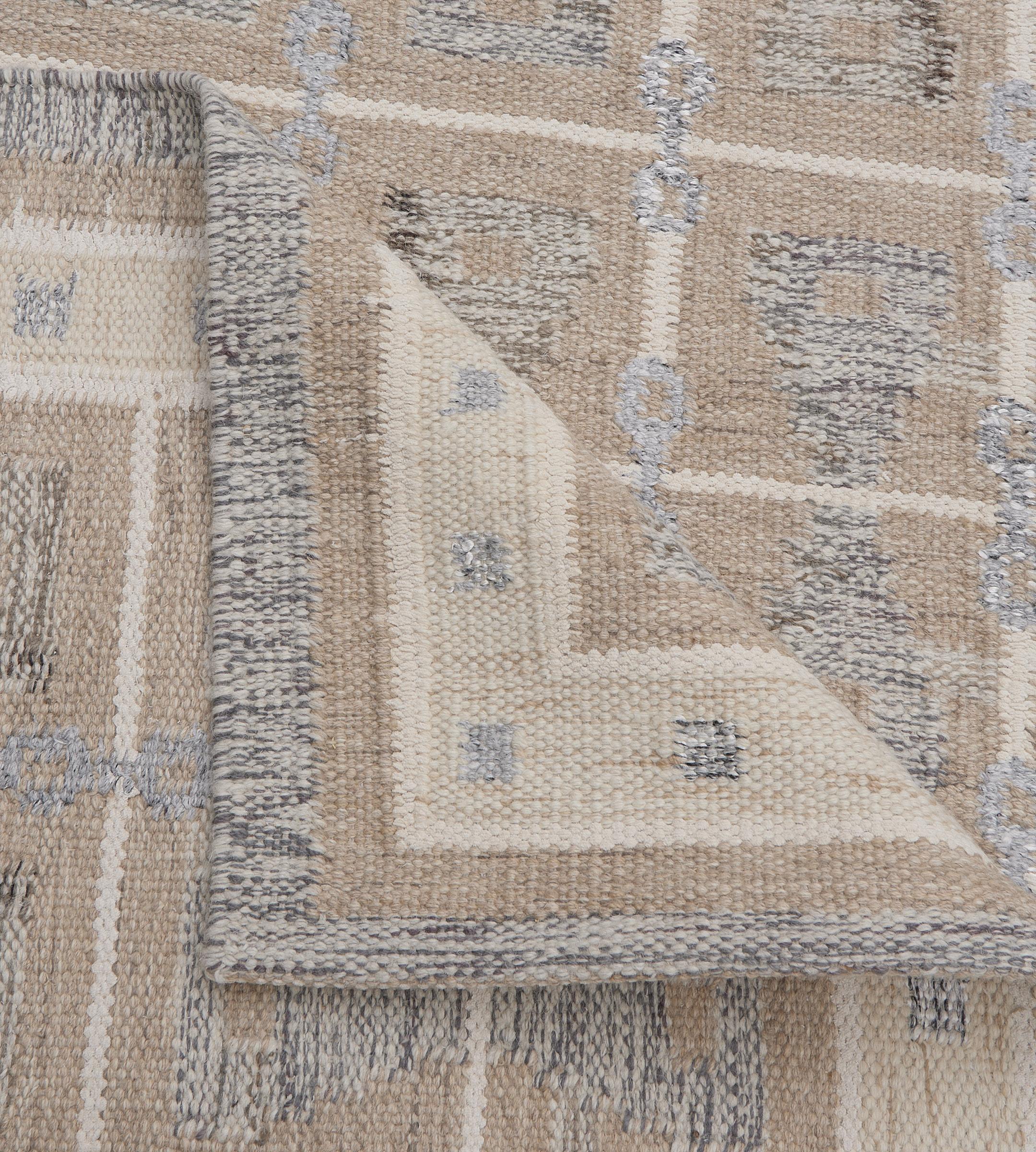100% Wolle Handgewebter geometrischer Flachgewebe-Teppich in Beige mit schwedischen Einflüssen im Angebot 2