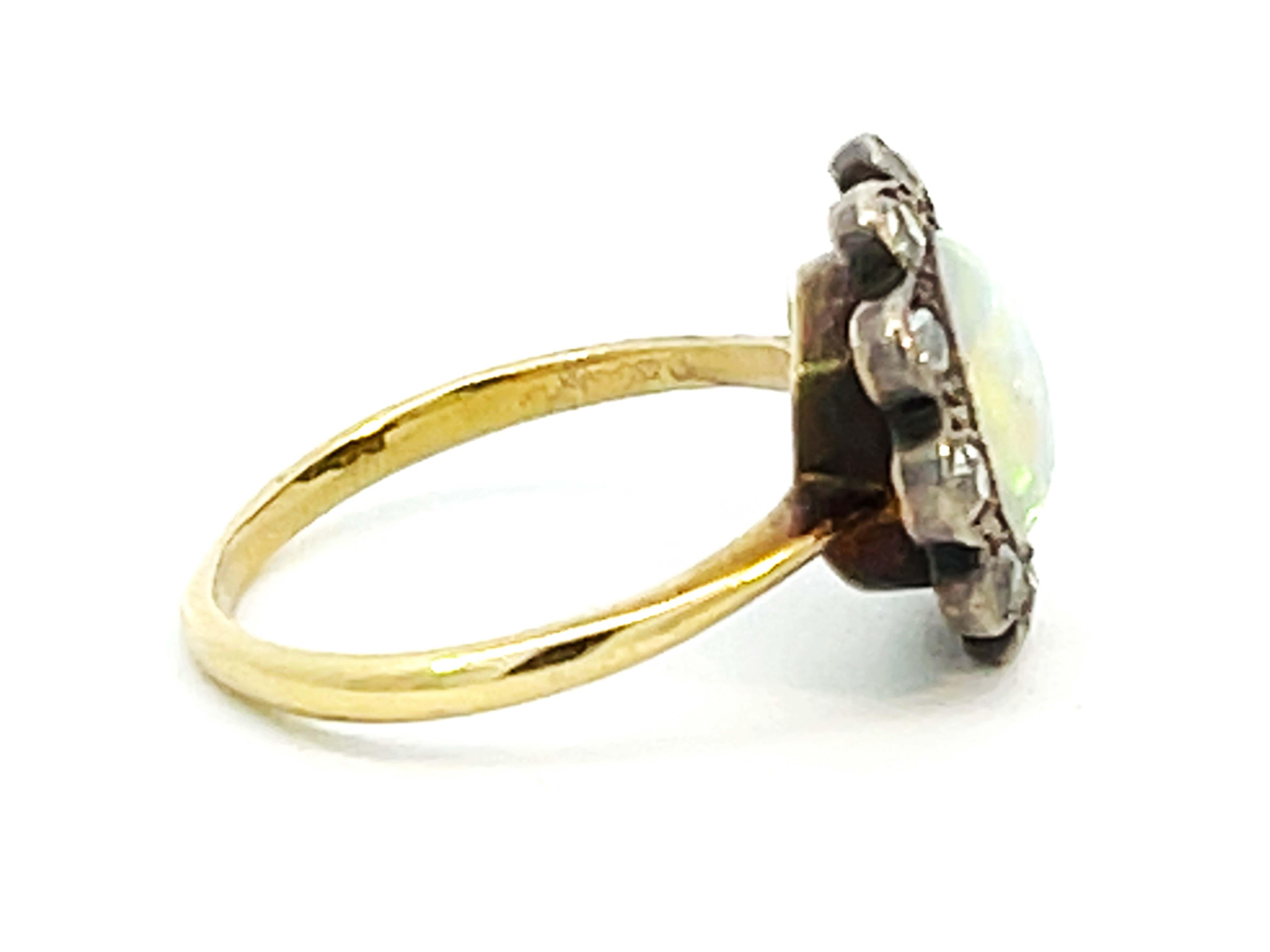 Women's or Men's 100 Year Old Antique Edwardian Era Opal and Diamond Flower Halo Ring For Sale