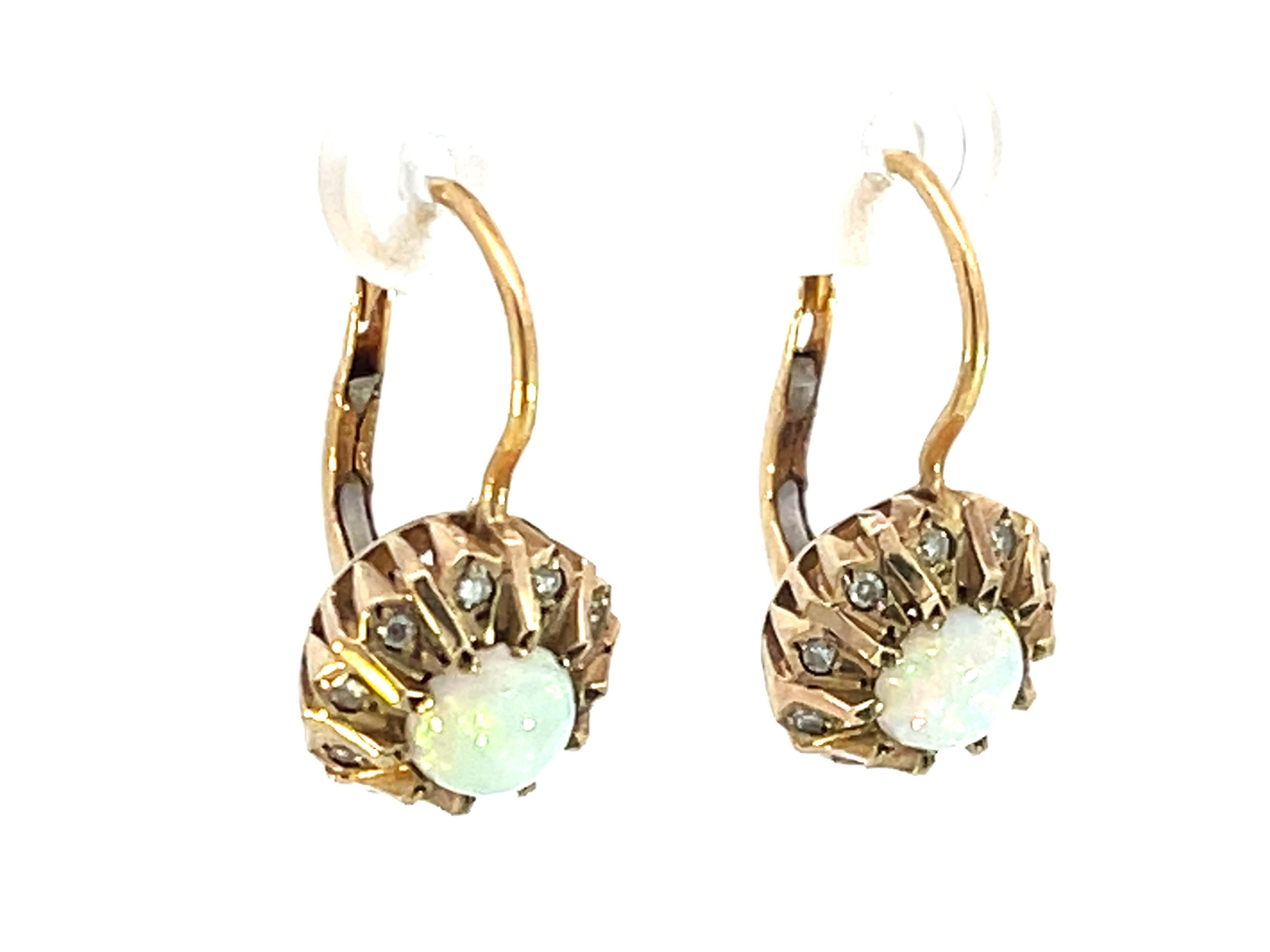 Modern 100 Year Old Antique Opal Diamond Earrings 14k Yellow Gold For Sale
