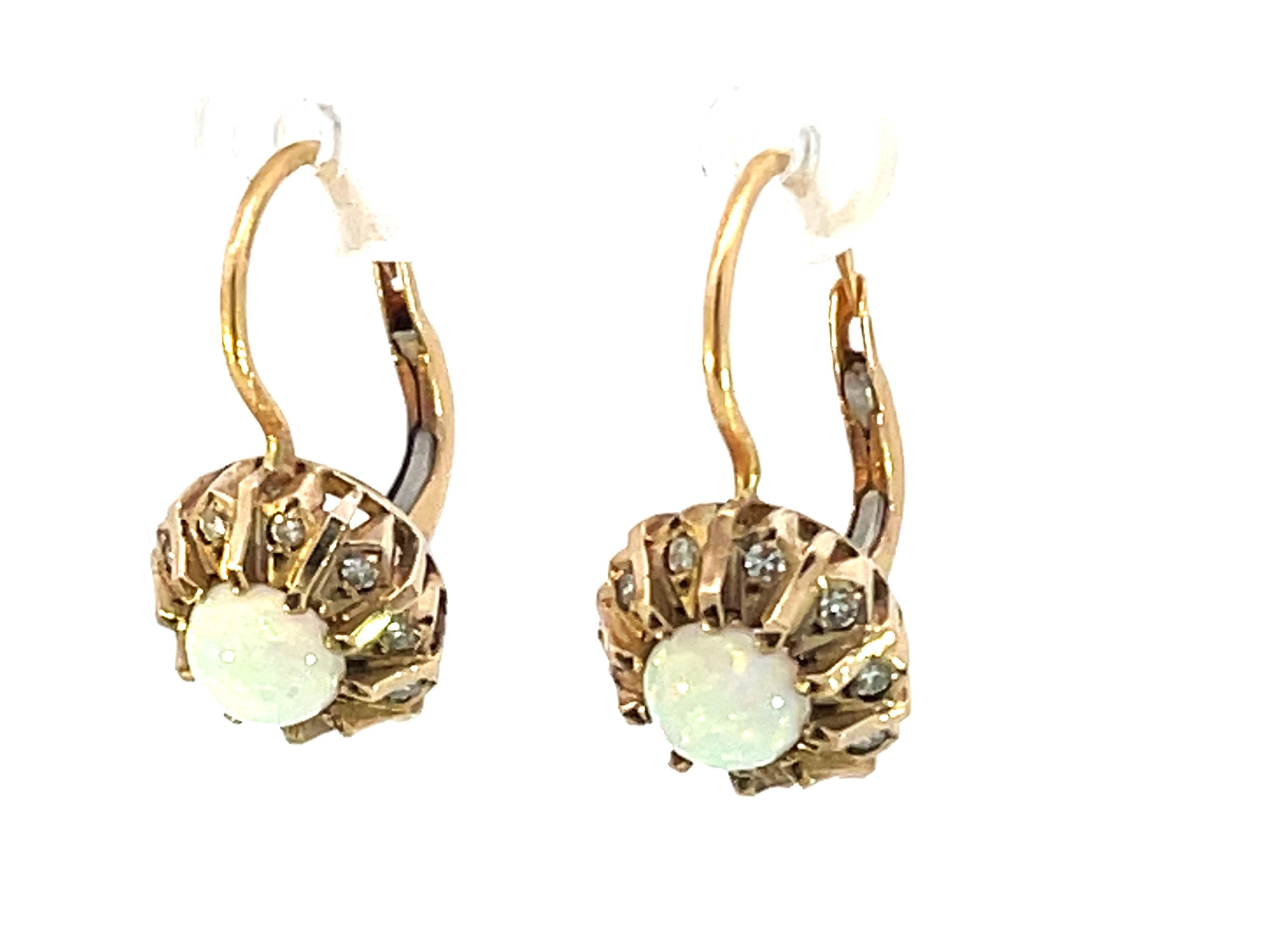 Cabochon 100 Year Old Antique Opal Diamond Earrings 14k Yellow Gold For Sale