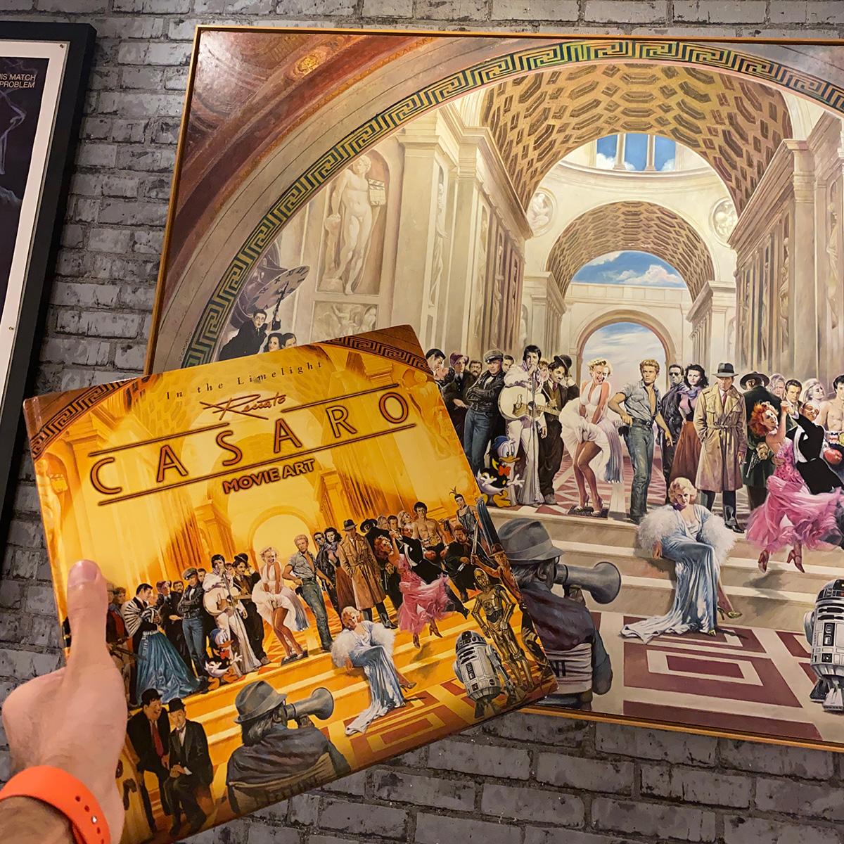 This original artwork is called “100 Years of Film” by renowned Italian illustrator Renato Casaro. It was made in 1994 to commemorate Casaro’s own cinema world and his own thoughts on canvas, preserving his recollections of his younger years. He