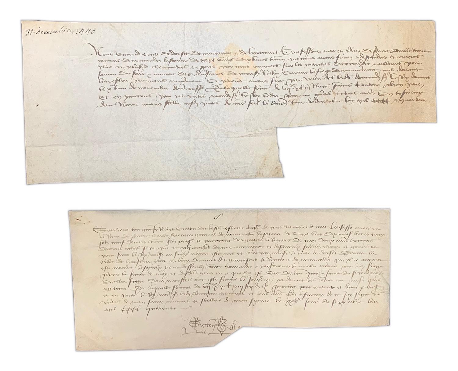Two rare letters from the 100 Years War, carried by Royal Messenger
The two letters relate to an English military success at Harfleur in 1440, towards the end of the 100 Years War (1337-1453). 

Fascinating early philatelic artefacts from a key