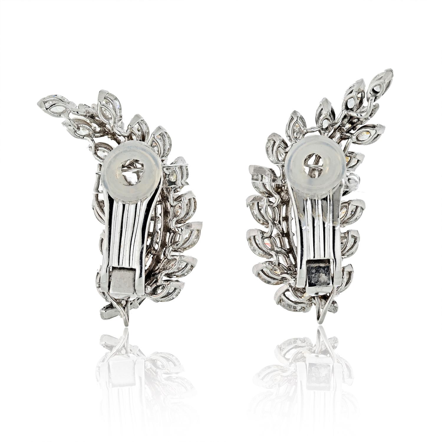 10.00 Carat Art Deco Platinum Diamond Leaf Style Clip Earrings In Good Condition In New York, NY