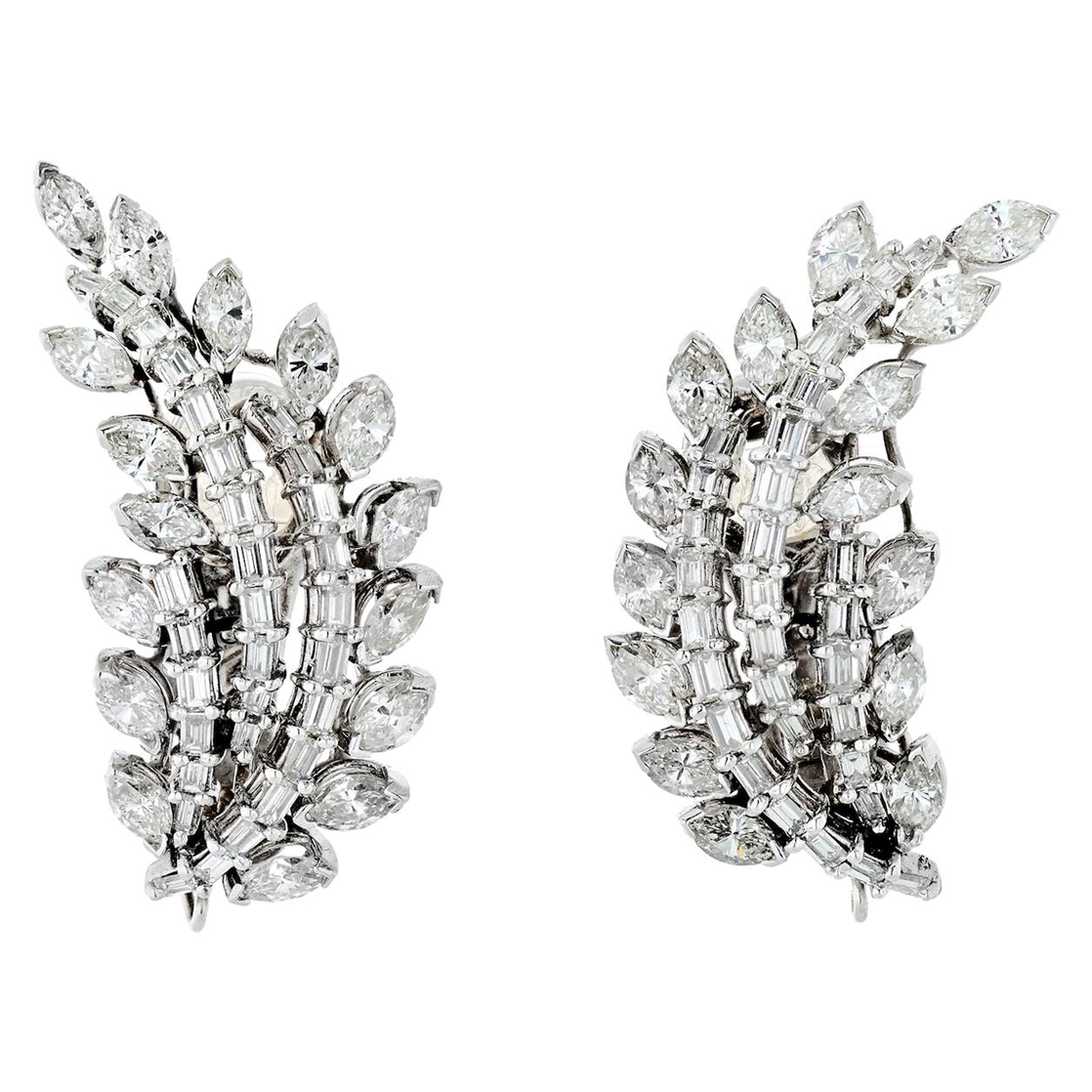 10.00 Carat Art Deco Platinum Diamond Leaf Style Clip Earrings