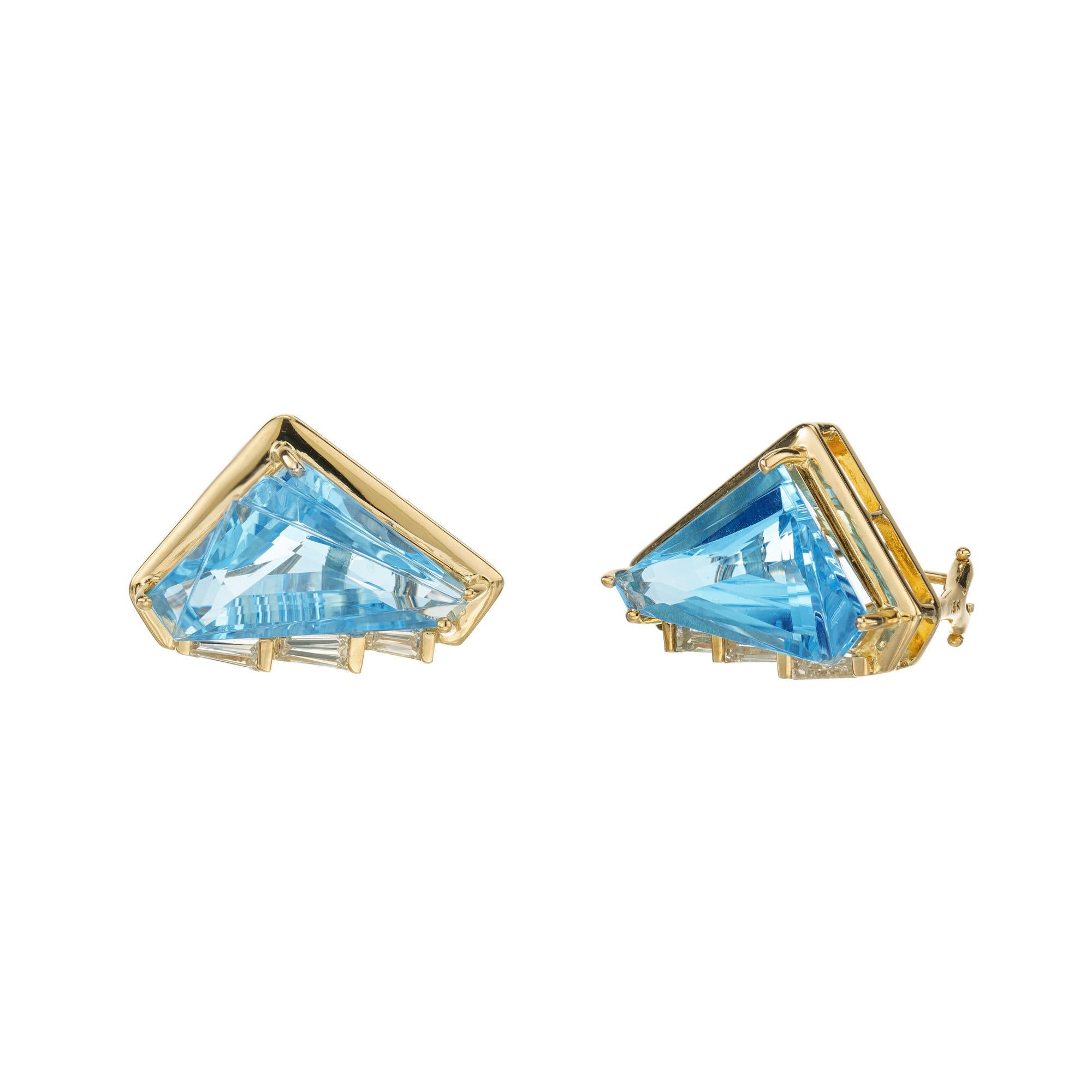 Baguette Cut 10.00 Carat Blue Topaz Diamond Yellow Gold Lever Back Earrings For Sale