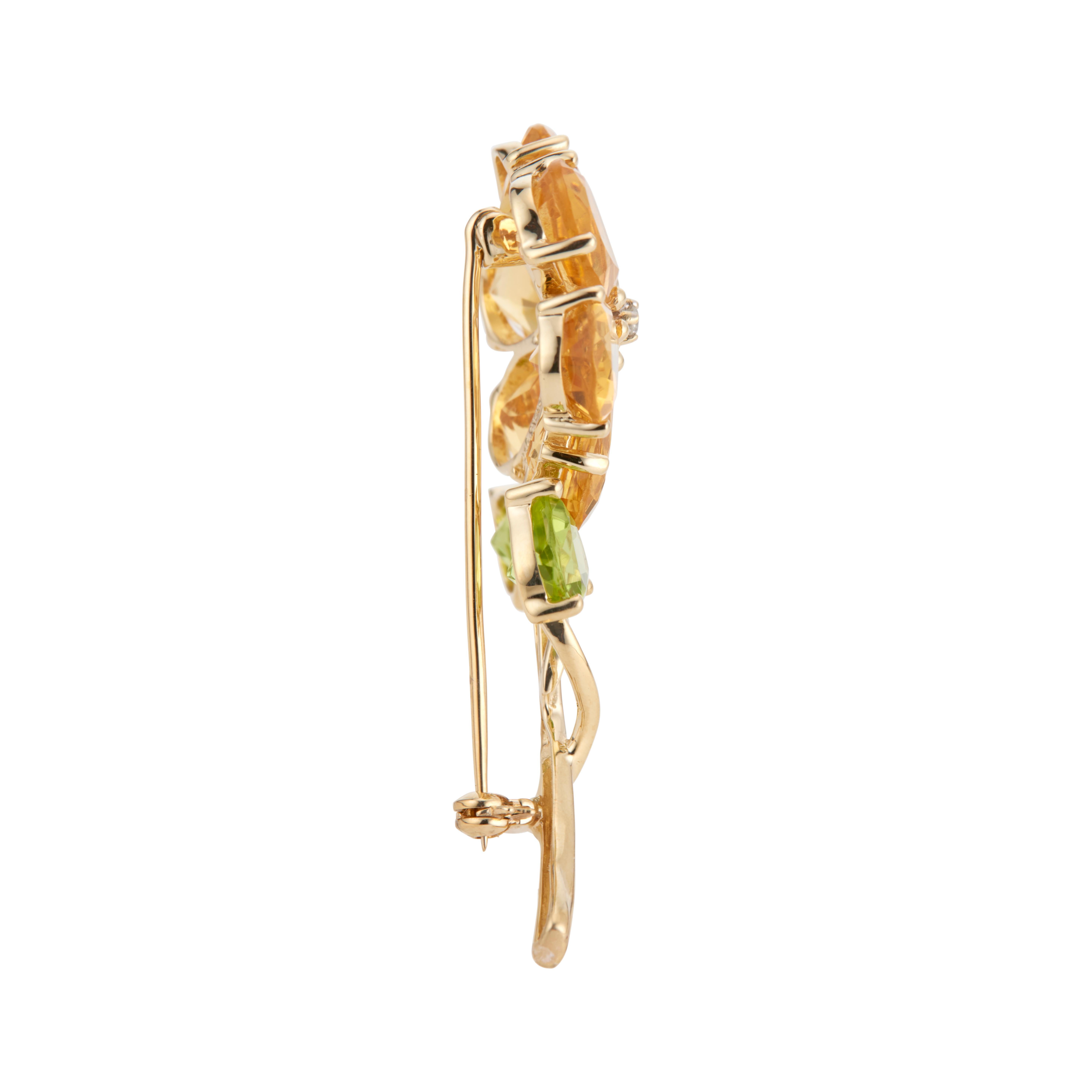 Pear Cut 10.00 Carat Citrine Peridot Diamond Yellow Gold Brooch For Sale