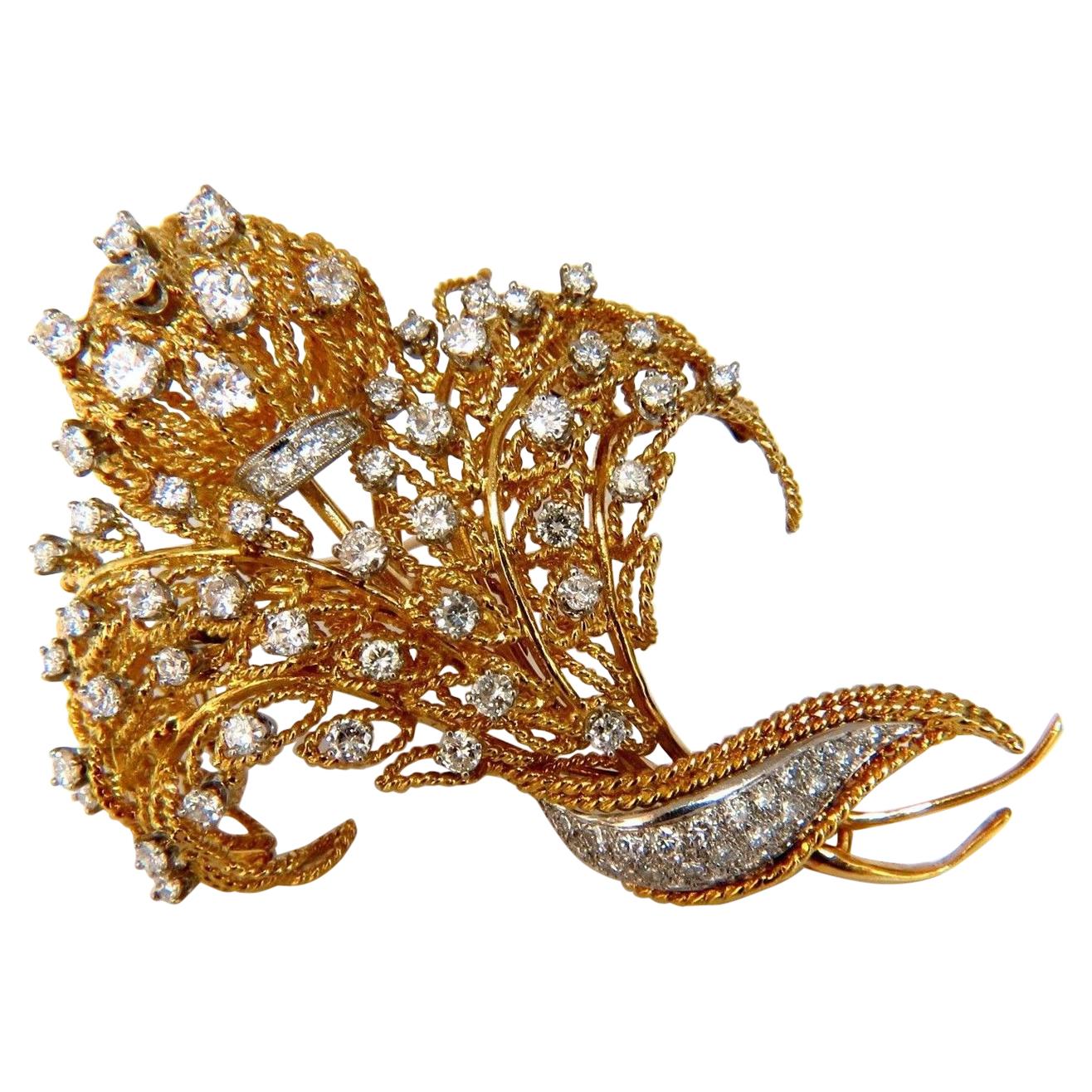 10.00 Carat Diamonds Raised Rope Twist 3D Deco Bundle Form Pin Brooch 18 Karat For Sale