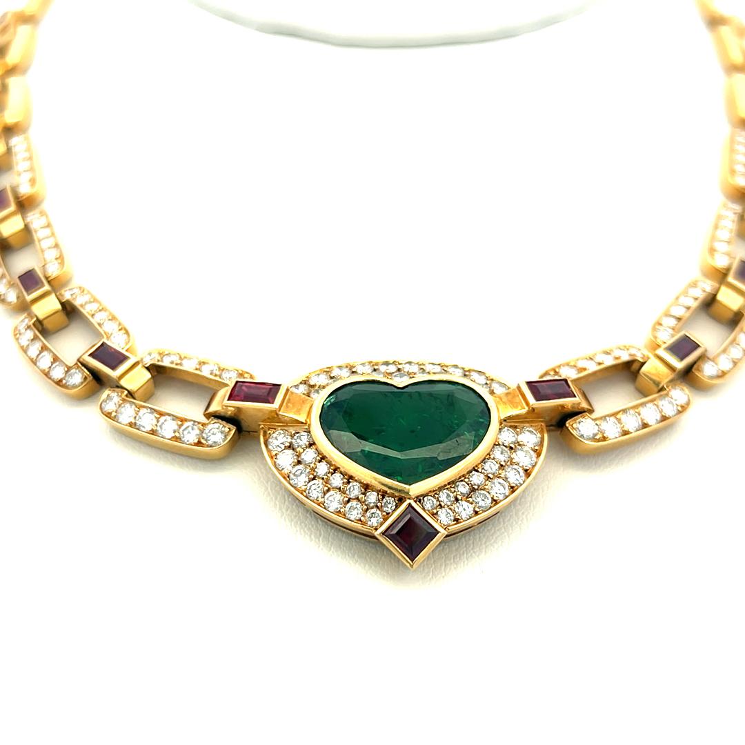 Women's 10.00 Carat Emerald 6.00 Carat Round Diamond 5.10 Carat Ruby 18K YG Necklace For Sale