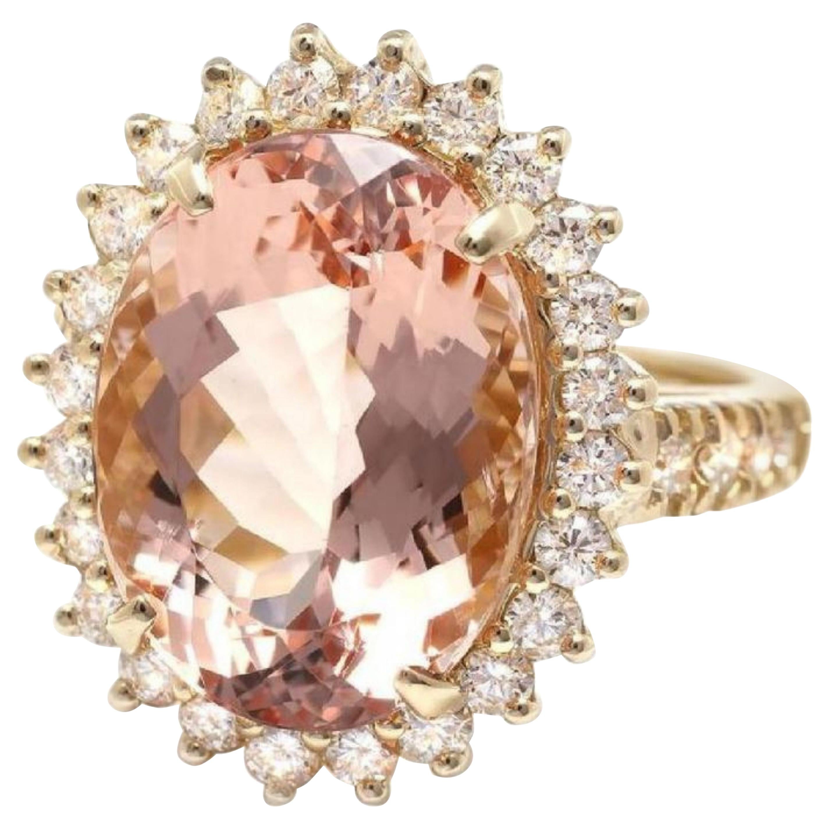 10.00 Carat Exquisite Natural Morganite and Diamond 14K Solid Yellow Gold Ring