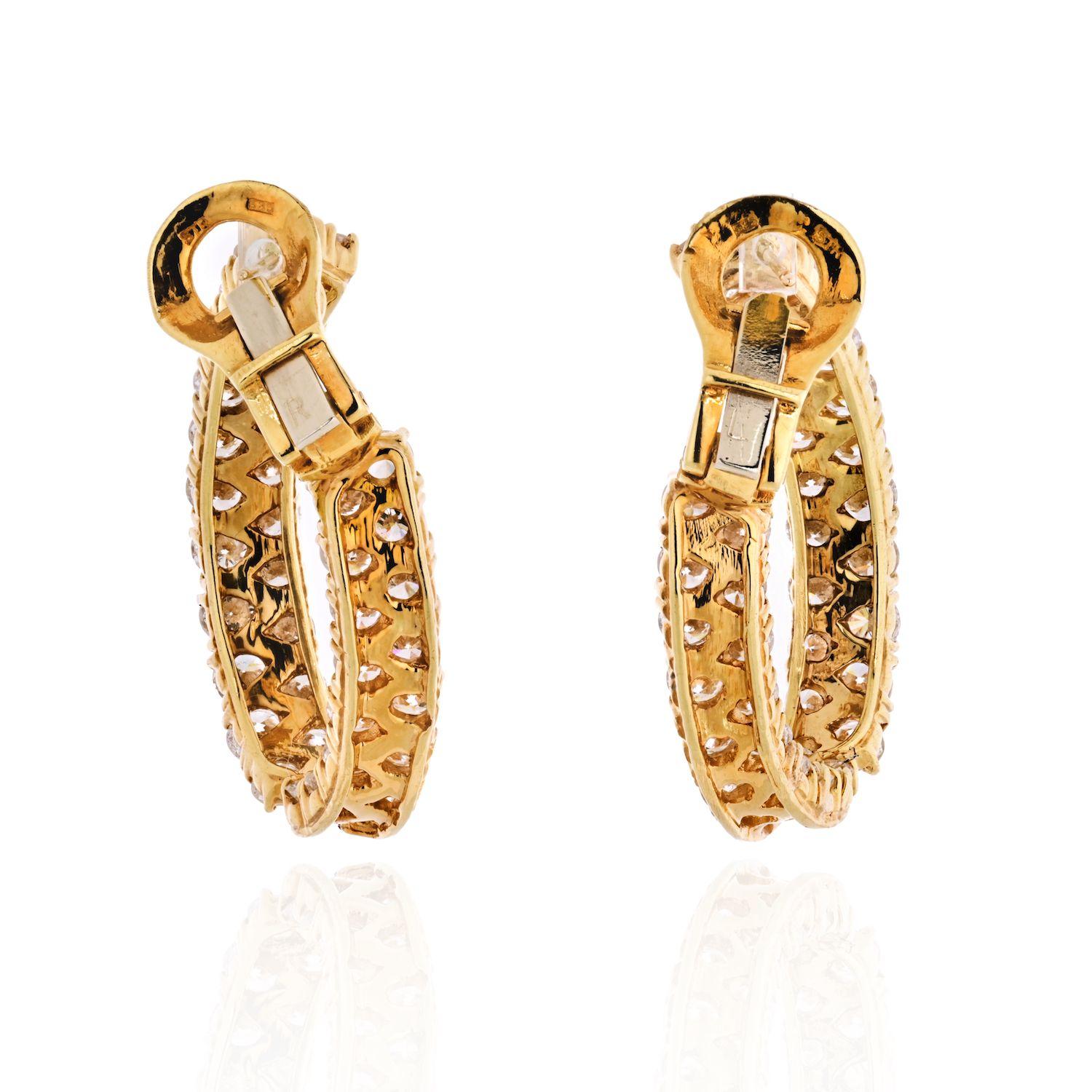 Modern 10.00 Carat Inside and Out 18 Karat Yellow Gold Diamond Hoop Earrings For Sale