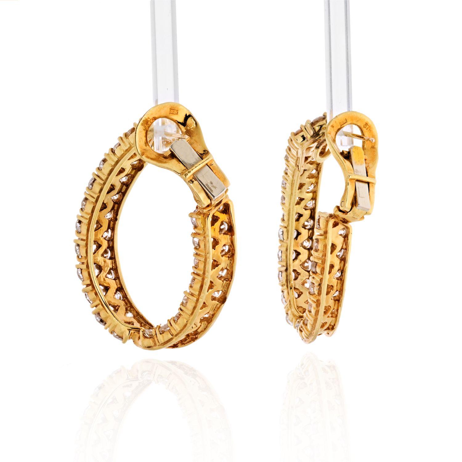 Brilliant Cut 10.00 Carat Inside and Out 18 Karat Yellow Gold Diamond Hoop Earrings For Sale