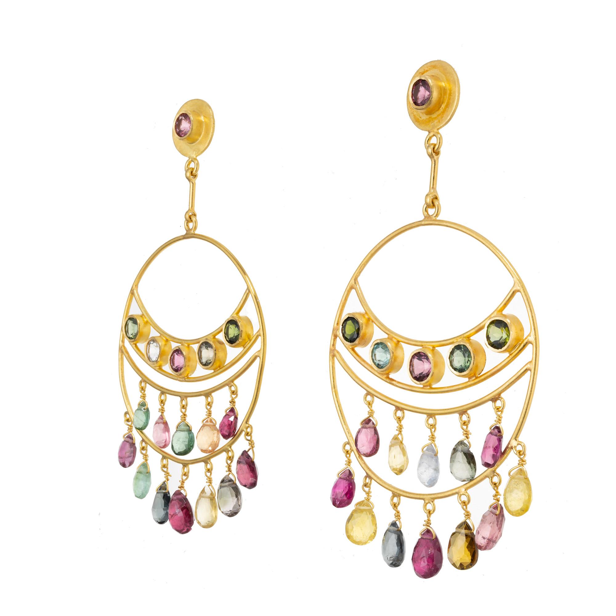 1970's Beautiful multi color Tourmaline dangle chandelier earrings. 12 round pink/purple, green and clear tourmalines, weighing approximately 3.00cts. set in 18k yellow gold Handmade settings, accented with 24 pear shaped multi color briolette's