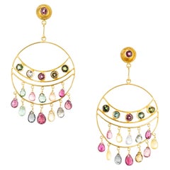 10.00 Carat Multi Color Tourmaline Yellow Gold Dangle Chandelier Earrings