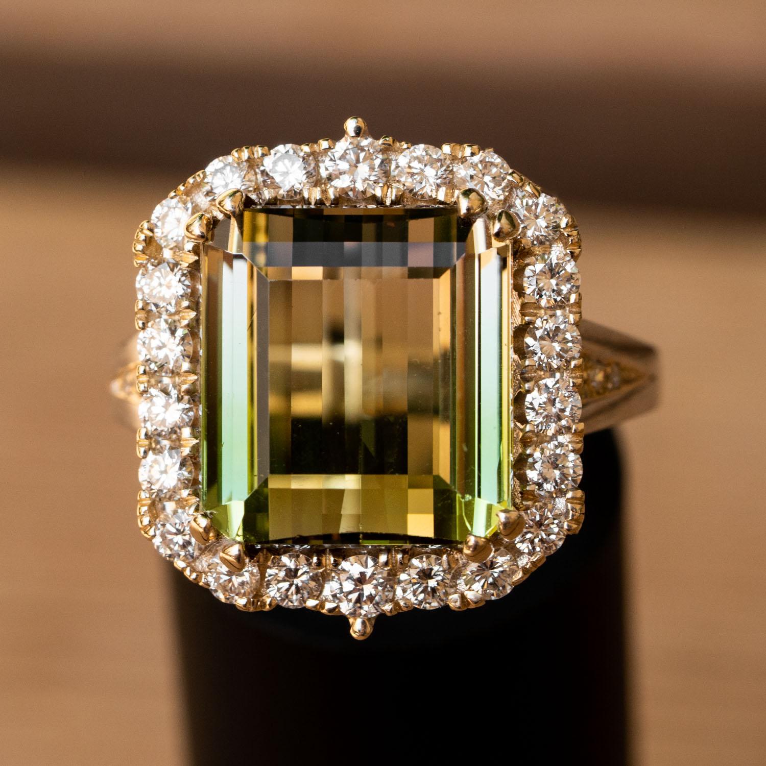 Art Deco 10.00 Carat Natural Bi Color Tourmaline 1.01 Carat Diamonds Statement Ring For Sale