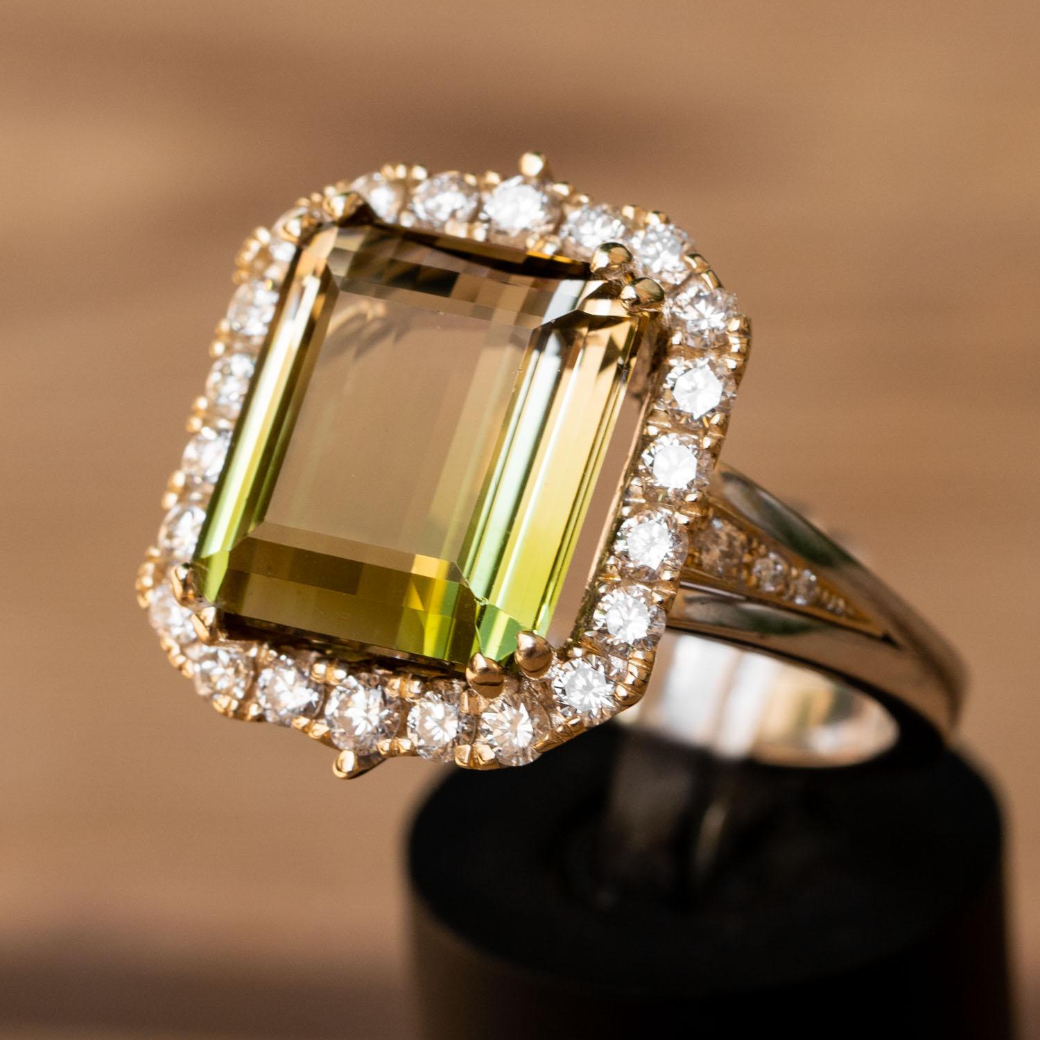 Emerald Cut 10.00 Carat Natural Bi Color Tourmaline 1.01 Carat Diamonds Statement Ring For Sale