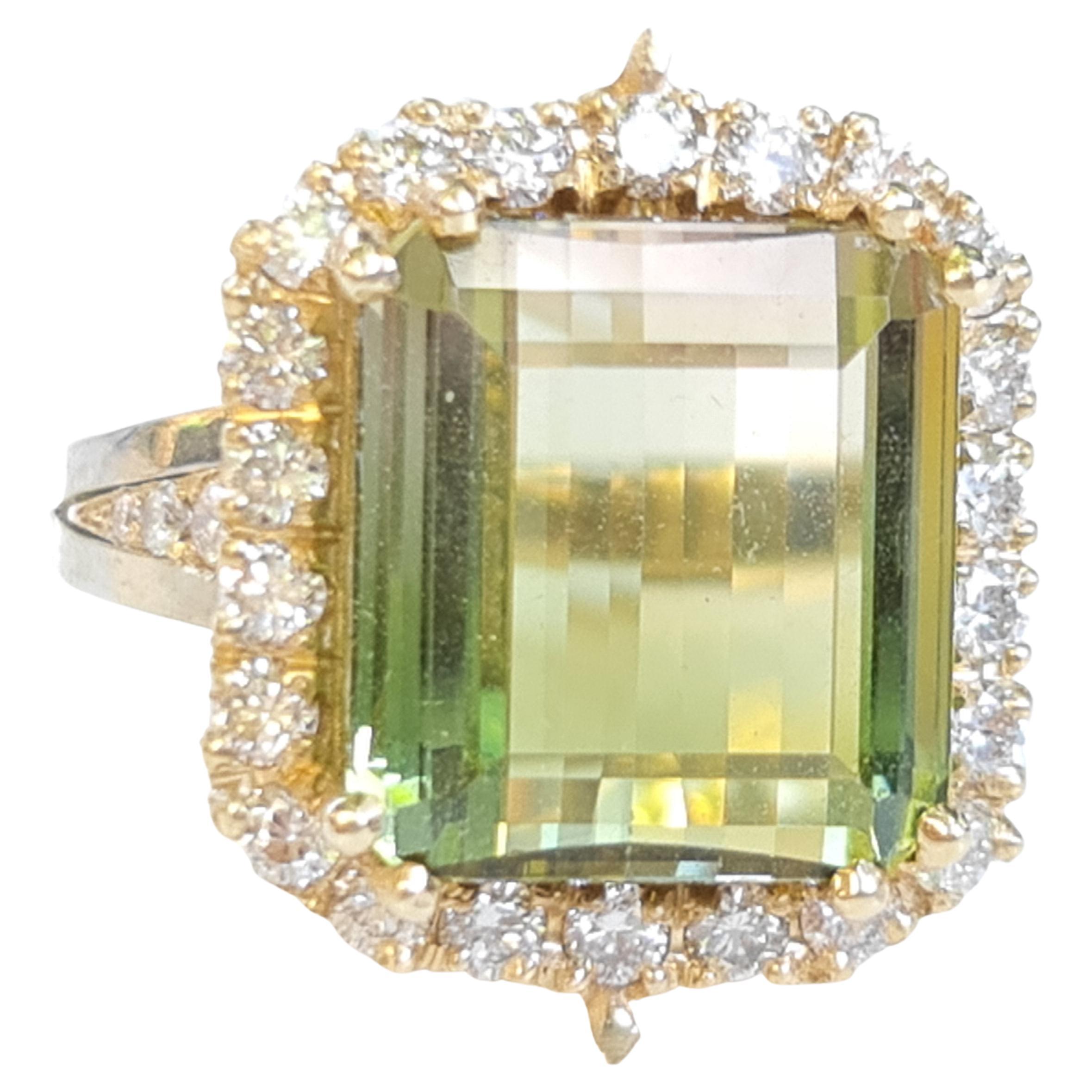 10.00 Carat Natural Bi Color Tourmaline 1.01 Carat Diamonds Statement Ring For Sale